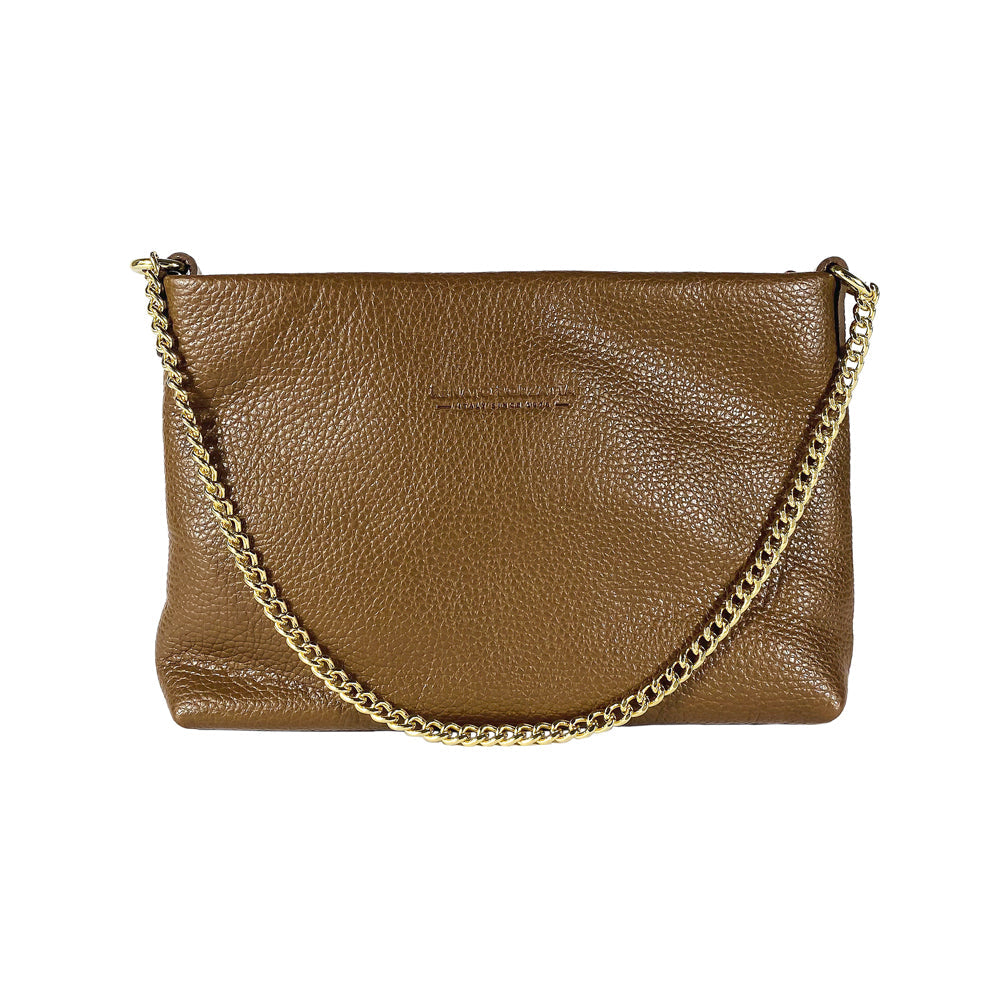 RB1012CK | Flat Shoulder Bag for Women in Genuine Leather Made in Italy with handle and removable metal shoulder strap. Attachments with shiny gold snap hooks - Caramel color - Dimensions: 26 x 17 x 5 cm-1