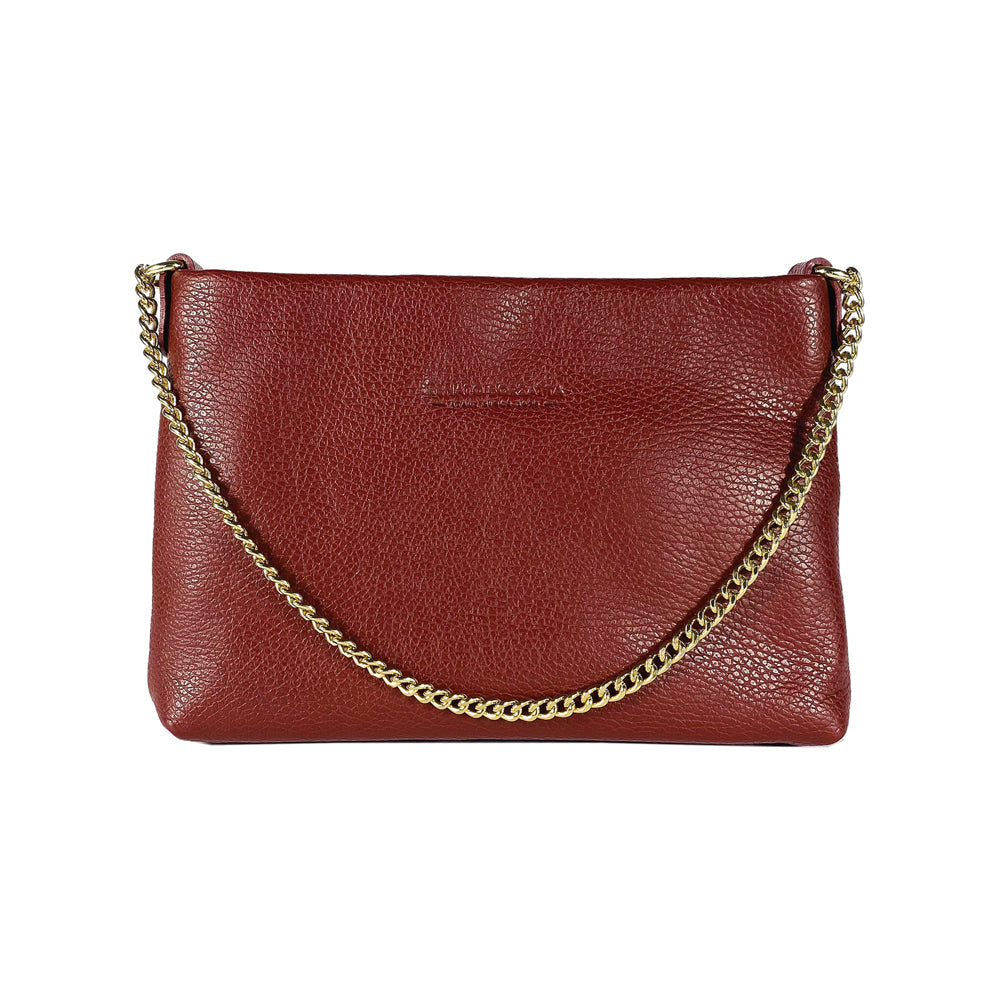 RB1012X | Flat Shoulder Bag for Women in Genuine Leather Made in Italy with handle and removable metal shoulder strap. Attachments with shiny gold snap hooks - Bordeaux color - Dimensions: 26 x 17 x 5 cm-1