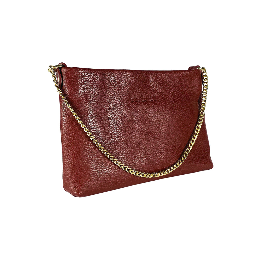 RB1012X | Flat Shoulder Bag for Women in Genuine Leather Made in Italy with handle and removable metal shoulder strap. Attachments with shiny gold snap hooks - Bordeaux color - Dimensions: 26 x 17 x 5 cm-2