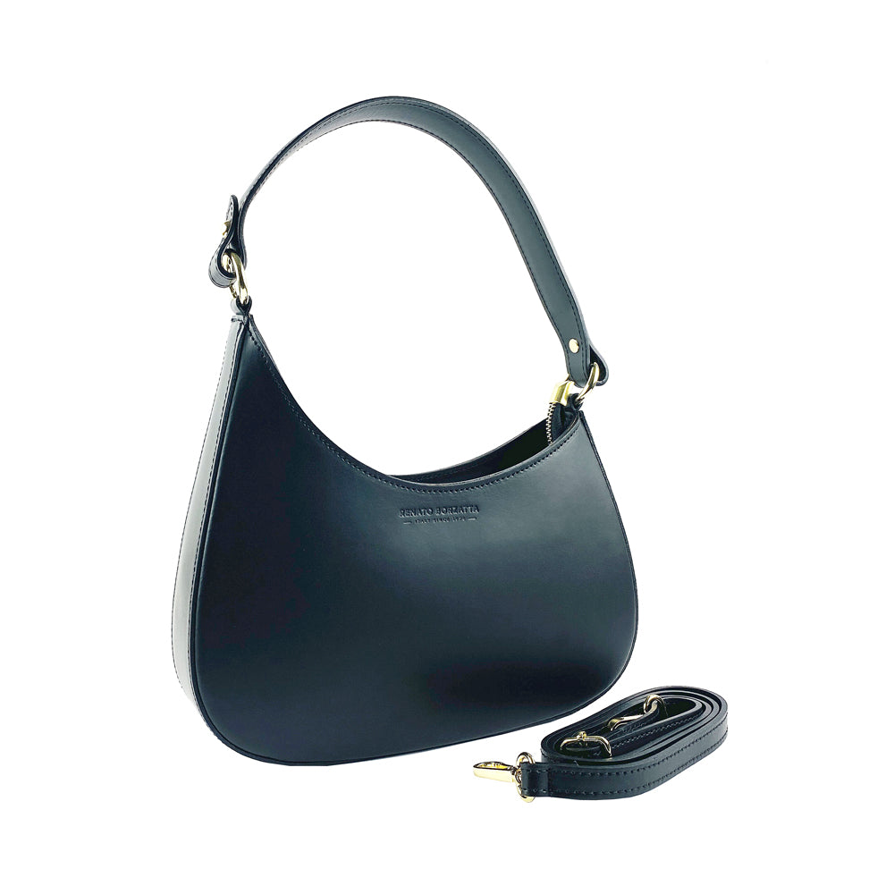 RB1013A | Borsa Donna a spalla e Tracolla removibili in Vera Pelle Made in Italy. Attacchi con moschettoni in metallo Oro Lucido - Colore Nero - Dimensioni: cm 28 x 6 x 25 + 12 (manico)-0