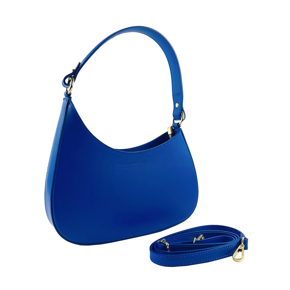 RB1013CH | Borsa Donna a spalla e Tracolla removibili in Vera Pelle Made in Italy. Attacchi con moschettoni in metallo Oro Lucido - Colore Blu Royal - Dimensioni: cm 28 x 6 x 25 + 12 (manico)-0