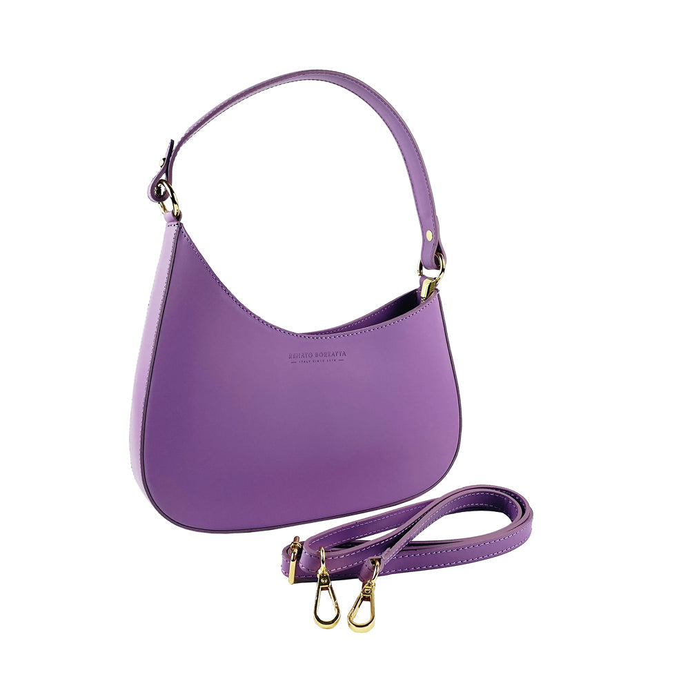 RB1013CI | Borsa Donna a spalla e Tracolla removibili in Vera Pelle Made in Italy. Attacchi con moschettoni in metallo Oro Lucido - Colore Lilla - Dimensioni: cm 28 x 6 x 25 + 12 (manico)-0