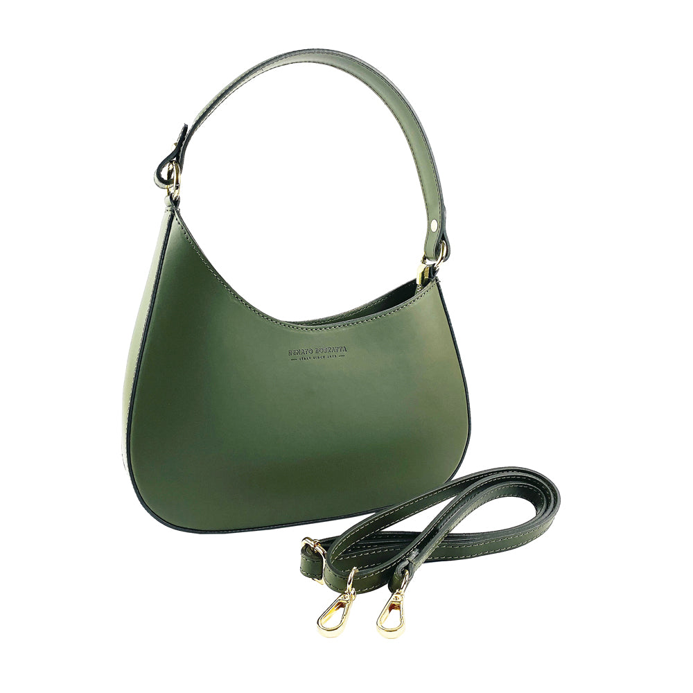 RB1013E | Borsa Donna a spalla e Tracolla removibili in Vera Pelle Made in Italy. Attacchi con moschettoni in metallo Oro Lucido - Colore Verde - Dimensioni: cm 28 x 6 x 25 + 12 (manico)-0