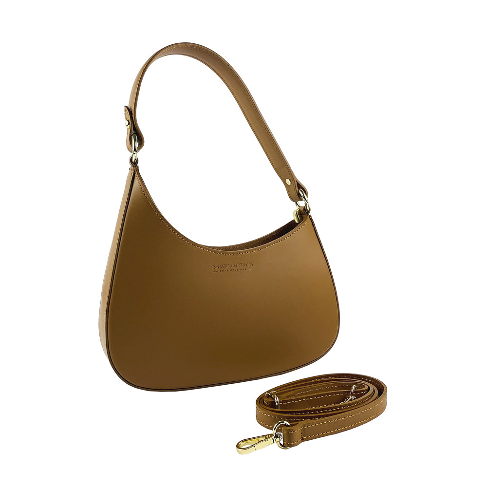 RB1013S | Borsa Donna a spalla e Tracolla removibili in Vera Pelle Made in Italy. Attacchi con moschettoni in metallo Oro Lucido - Colore Cognac - Dimensioni: cm 28 x 6 x 25 + 12 (manico)-0