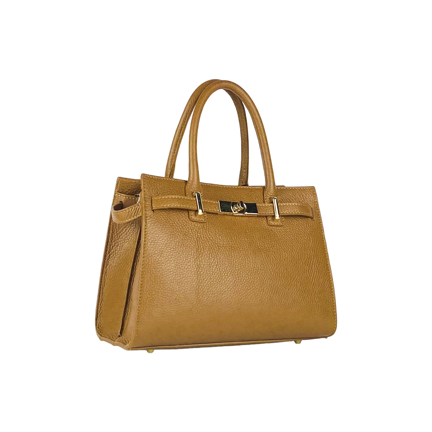 RB1016S | Borsa Donna a Mano in Vera Pelle Made in Italy con tracolla removibile. Attacchi con moschettoni in metallo Oro Lucido - Colore Cognac - Dimensioni: cm 28 x 20 x 14 + 12,5-1