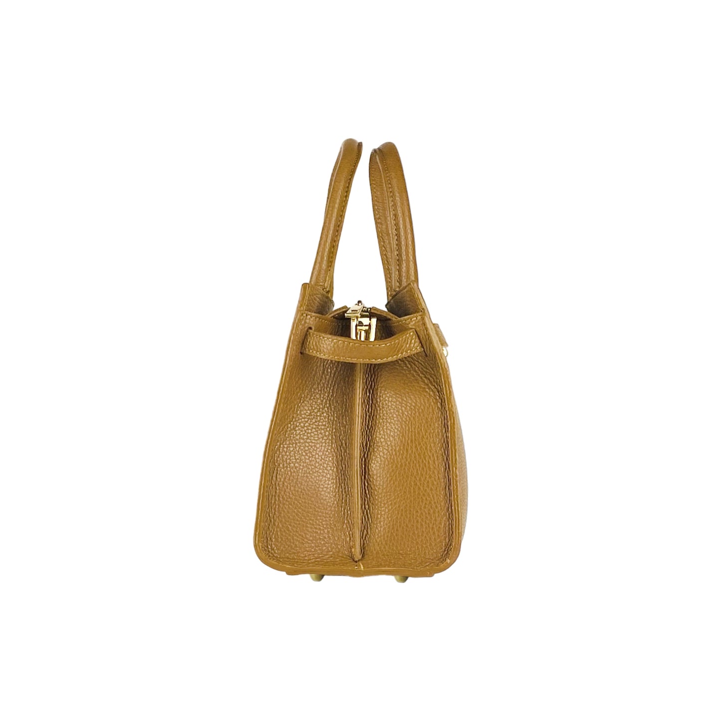 RB1016S | Borsa Donna a Mano in Vera Pelle Made in Italy con tracolla removibile. Attacchi con moschettoni in metallo Oro Lucido - Colore Cognac - Dimensioni: cm 28 x 20 x 14 + 12,5-4