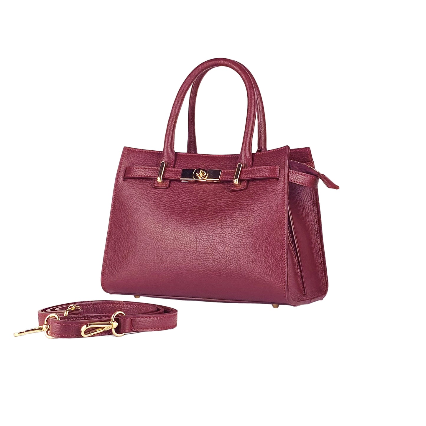 RB1016X | Borsa Donna a Mano in Vera Pelle Made in Italy con tracolla removibile. Attacchi con moschettoni in metallo Oro Lucido. Colore Bordeaux. Dimensioni: cm 28 x 20 x 14 + 12,5-0