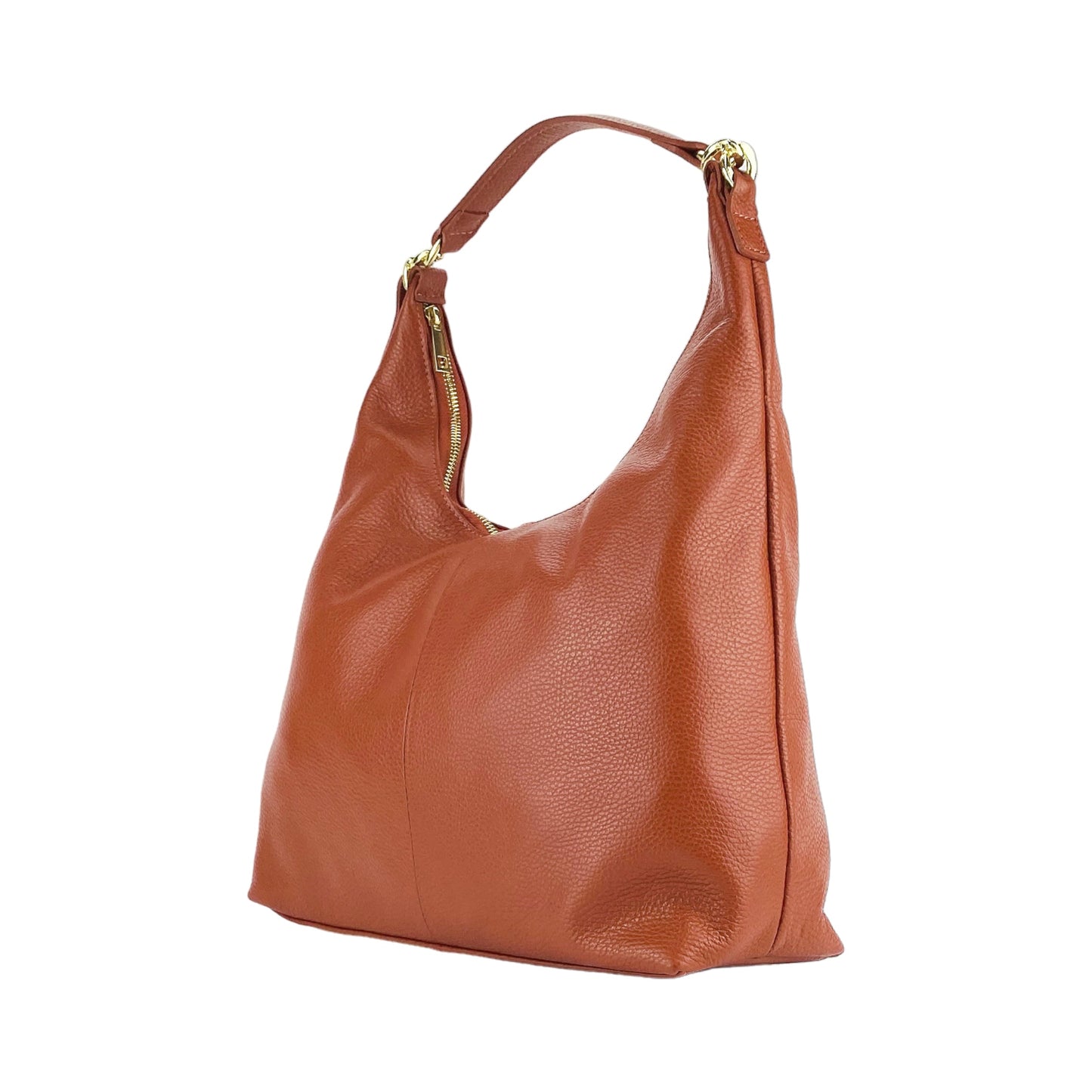 RB1017AM | Women's Soft Shoulder Bag in Genuine Leather Made in Italy with single handle and removable shoulder strap. Attachments with shiny gold metal snap hooks - Paprika color - Dimensions: cm 36 x 40 x 13-4