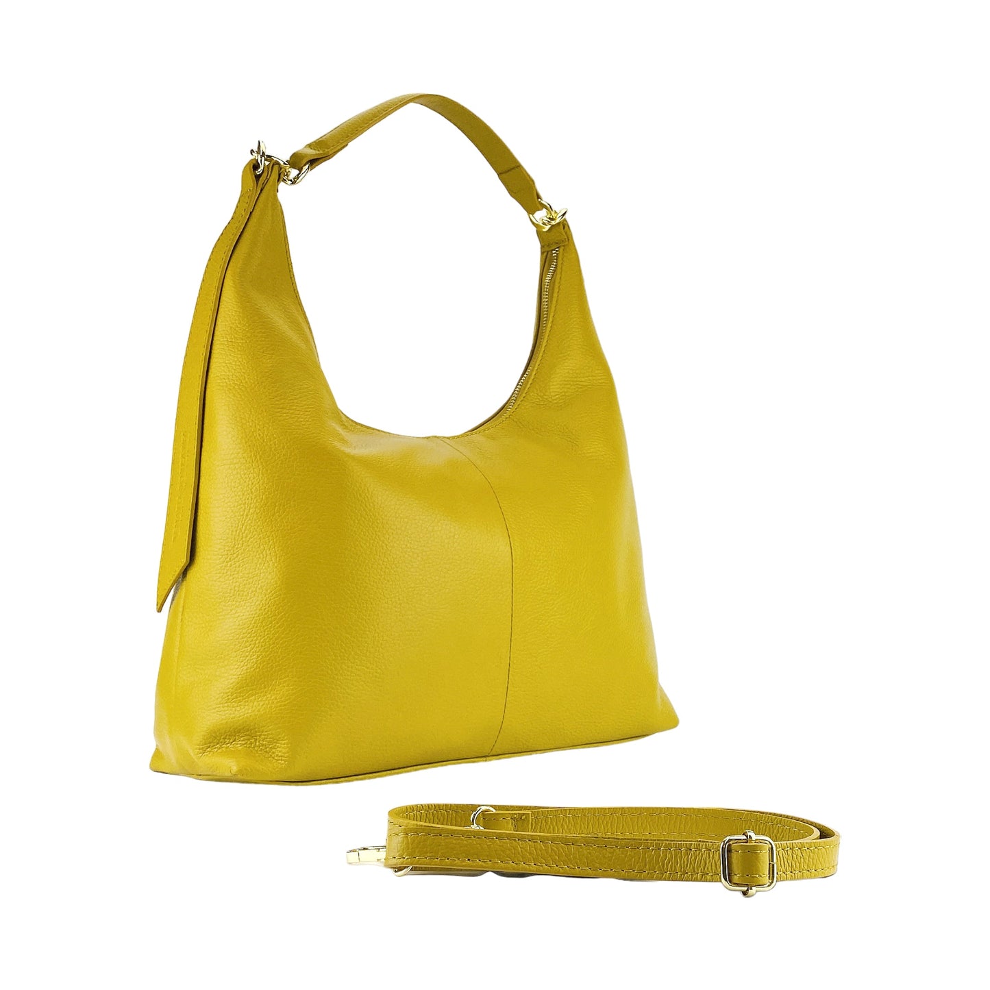 RB1017AR | Women's Soft Shoulder Bag in Genuine Leather Made in Italy with single handle and removable shoulder strap. Attachments with shiny gold metal snap hooks - Mustard colour - Dimensions: cm 36 x 40 x 13-0