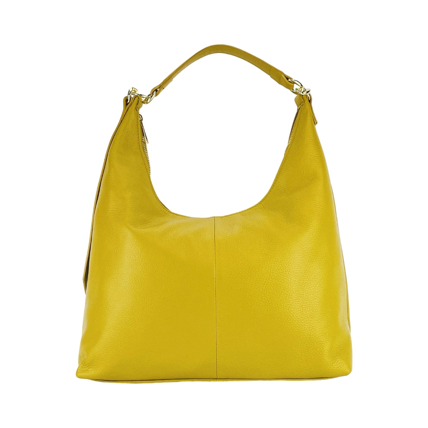 RB1017AR | Women's Soft Shoulder Bag in Genuine Leather Made in Italy with single handle and removable shoulder strap. Attachments with shiny gold metal snap hooks - Mustard colour - Dimensions: cm 36 x 40 x 13-1