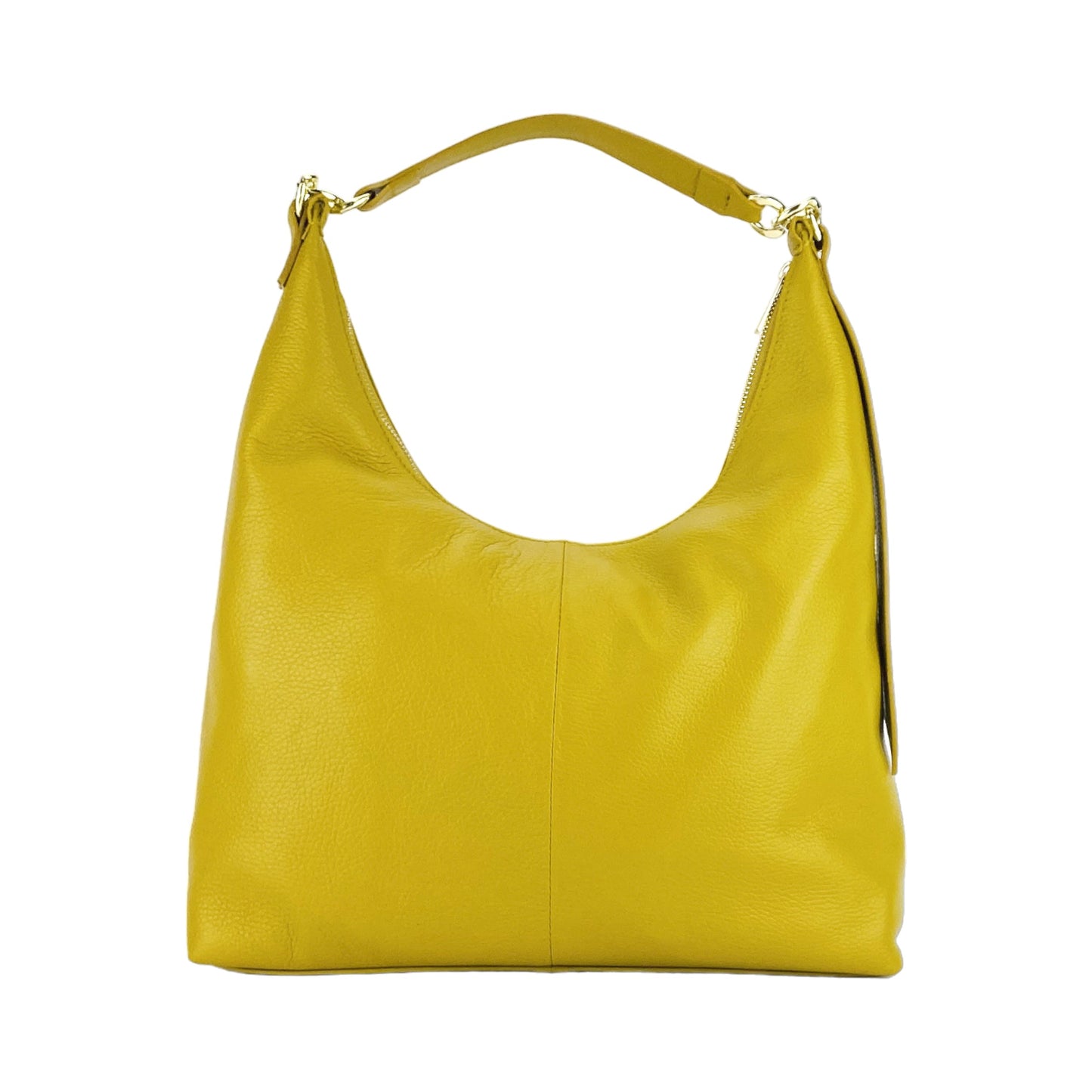 RB1017AR | Women's Soft Shoulder Bag in Genuine Leather Made in Italy with single handle and removable shoulder strap. Attachments with shiny gold metal snap hooks - Mustard colour - Dimensions: cm 36 x 40 x 13-2