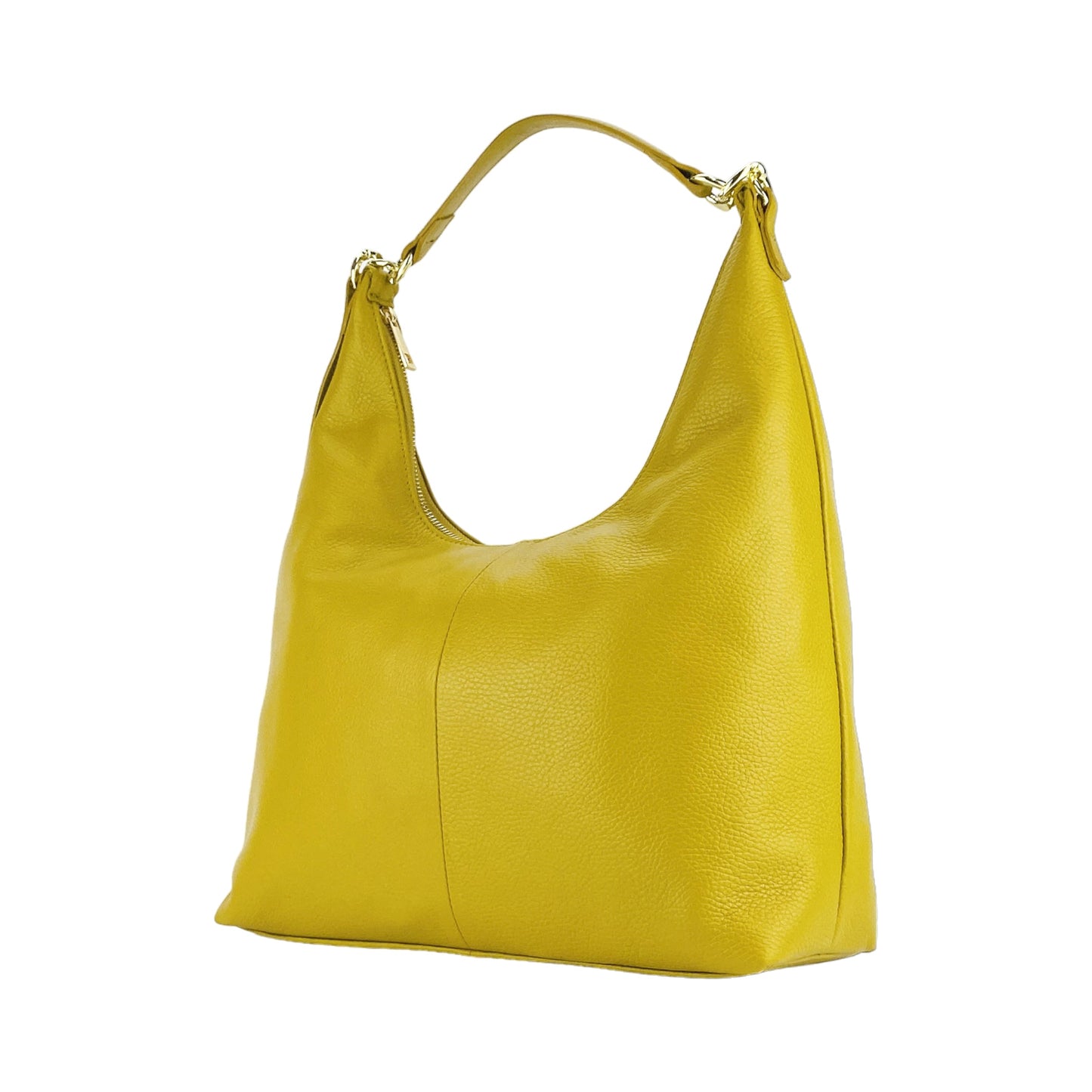 RB1017AR | Women's Soft Shoulder Bag in Genuine Leather Made in Italy with single handle and removable shoulder strap. Attachments with shiny gold metal snap hooks - Mustard colour - Dimensions: cm 36 x 40 x 13-4