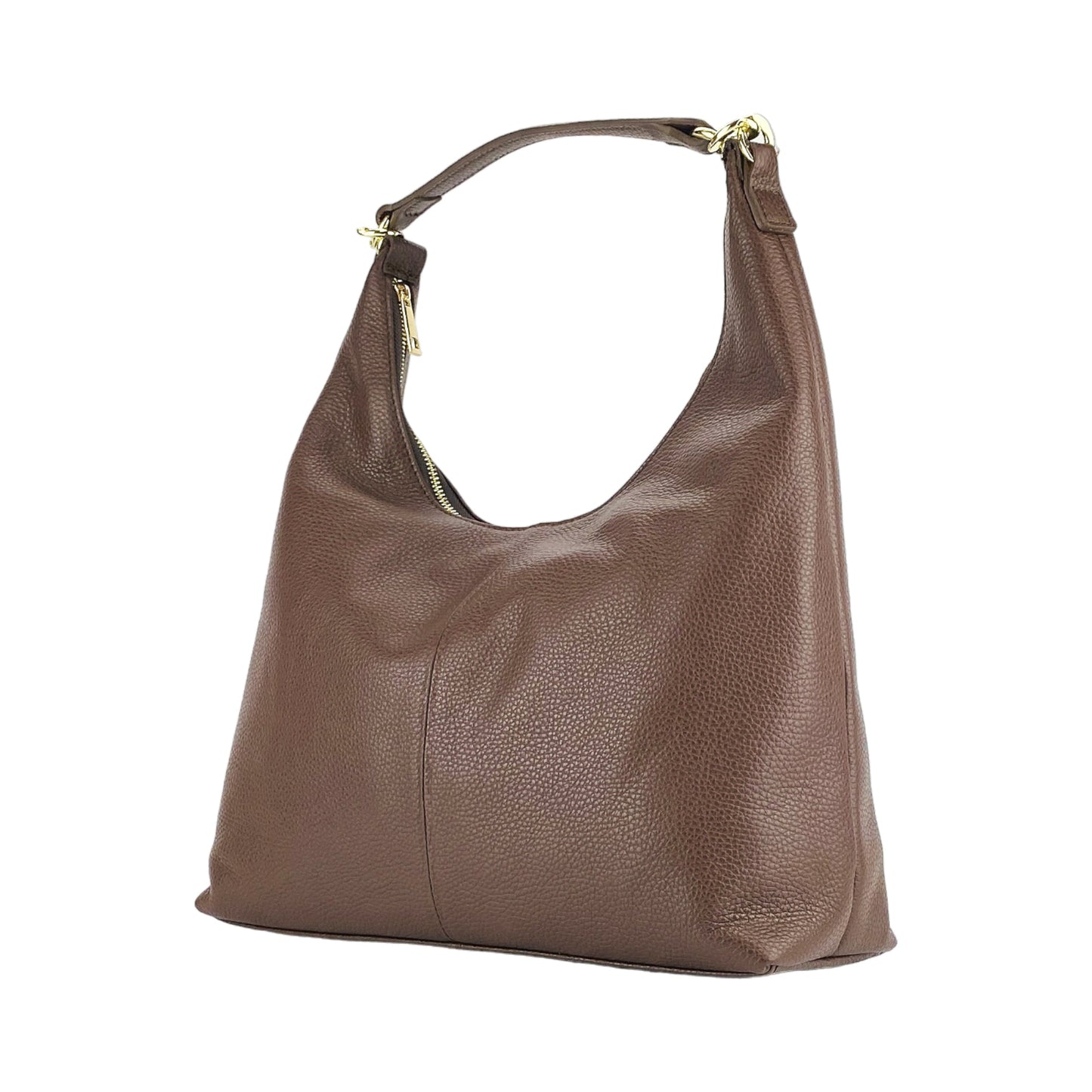 RB1017BV | Borsa Donna a spalla Morbida in Vera Pelle Made in Italy con manico singolo e tracolla removibile. Attacchi con moschettoni in metallo Oro Lucido - Colore Cioccolato - Dimensioni: cm 36 x 40 x 13-4