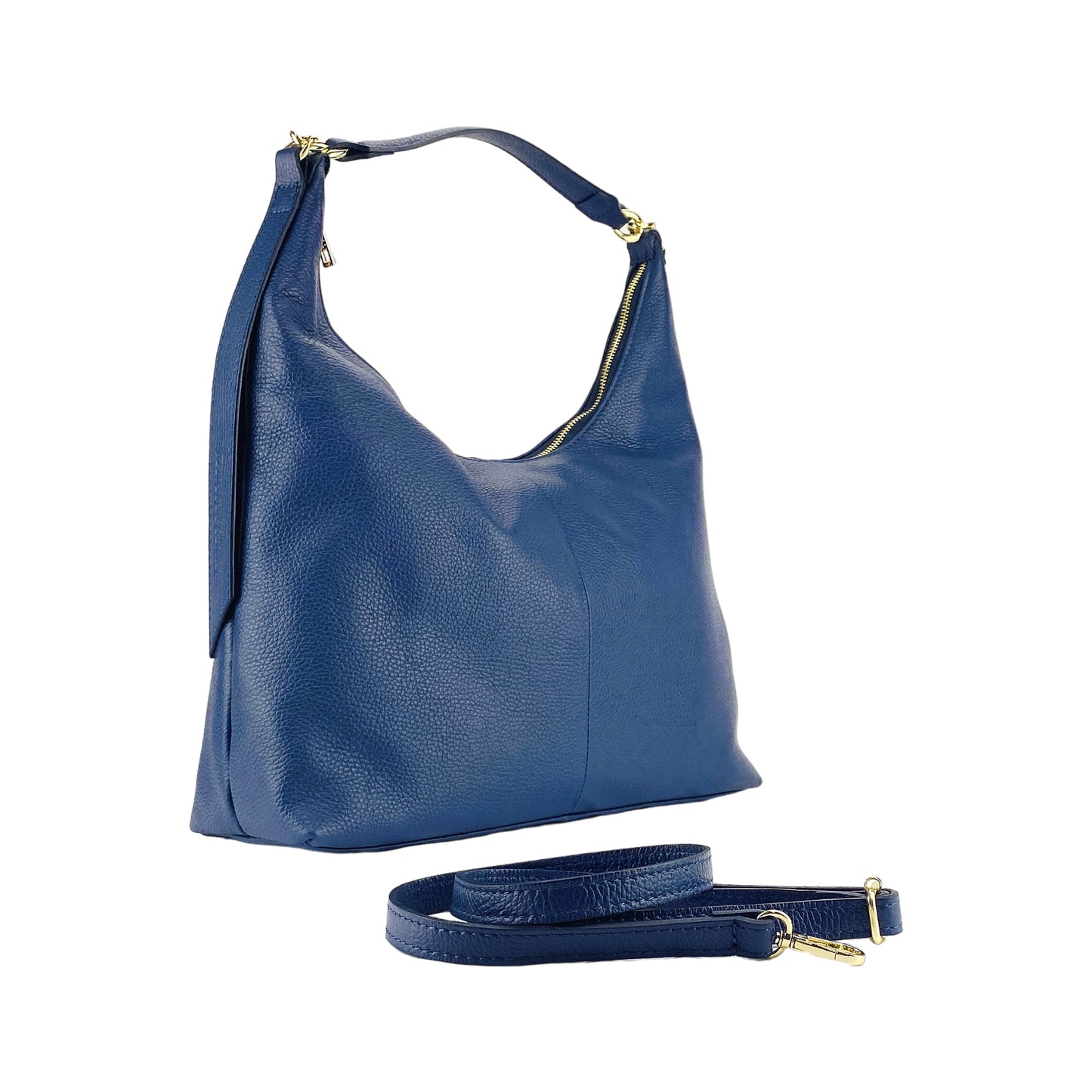 RB1017D | Borsa Donna a spalla Morbida in Vera Pelle Made in Italy con manico singolo e tracolla removibile. Attacchi con moschettoni in metallo Oro Lucido - Colore Blu - Dimensioni: cm 36 x 40 x 13-0