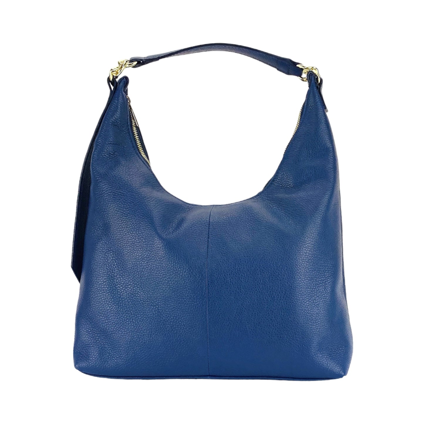 RB1017D | Borsa Donna a spalla Morbida in Vera Pelle Made in Italy con manico singolo e tracolla removibile. Attacchi con moschettoni in metallo Oro Lucido - Colore Blu - Dimensioni: cm 36 x 40 x 13-1