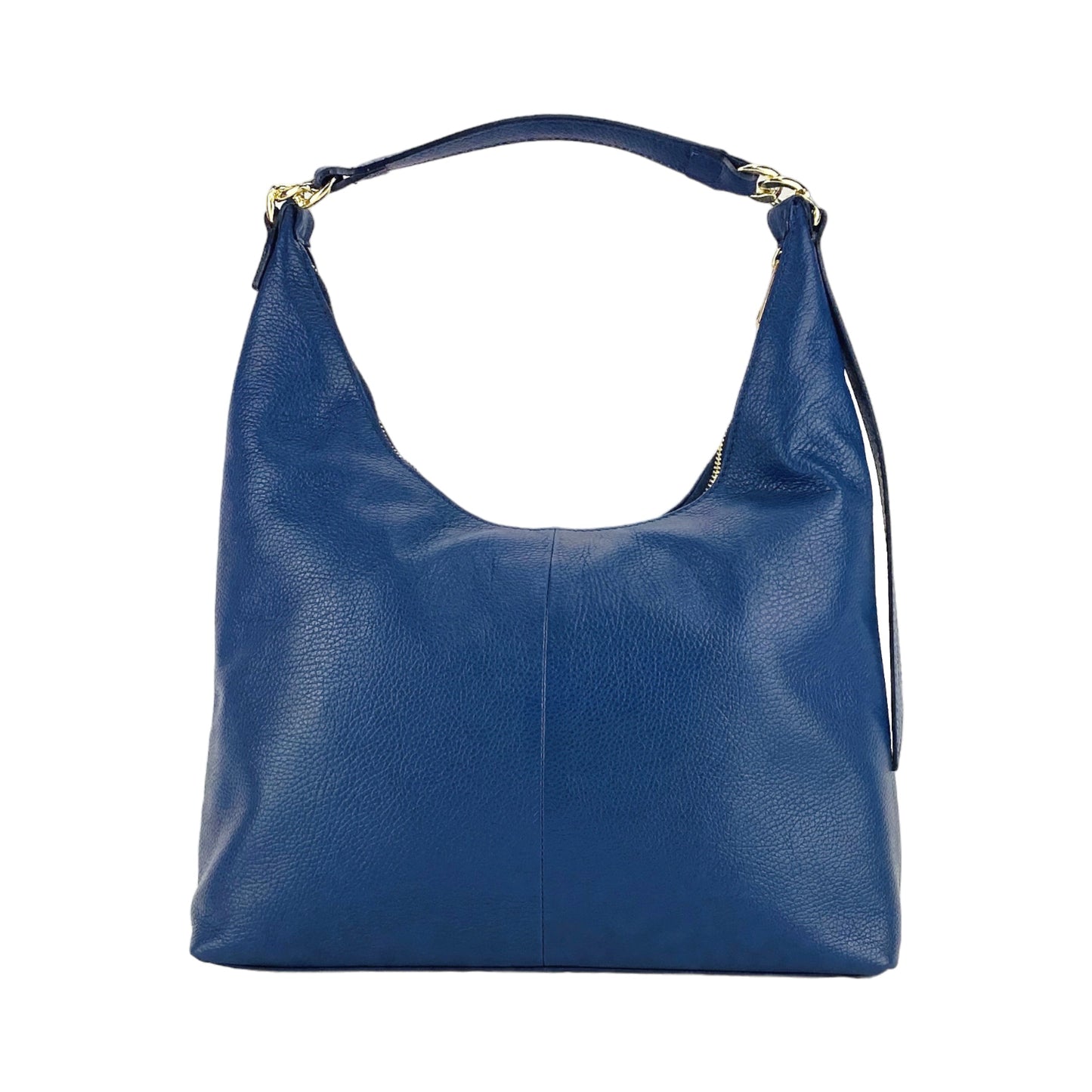 RB1017D | Borsa Donna a spalla Morbida in Vera Pelle Made in Italy con manico singolo e tracolla removibile. Attacchi con moschettoni in metallo Oro Lucido - Colore Blu - Dimensioni: cm 36 x 40 x 13-2