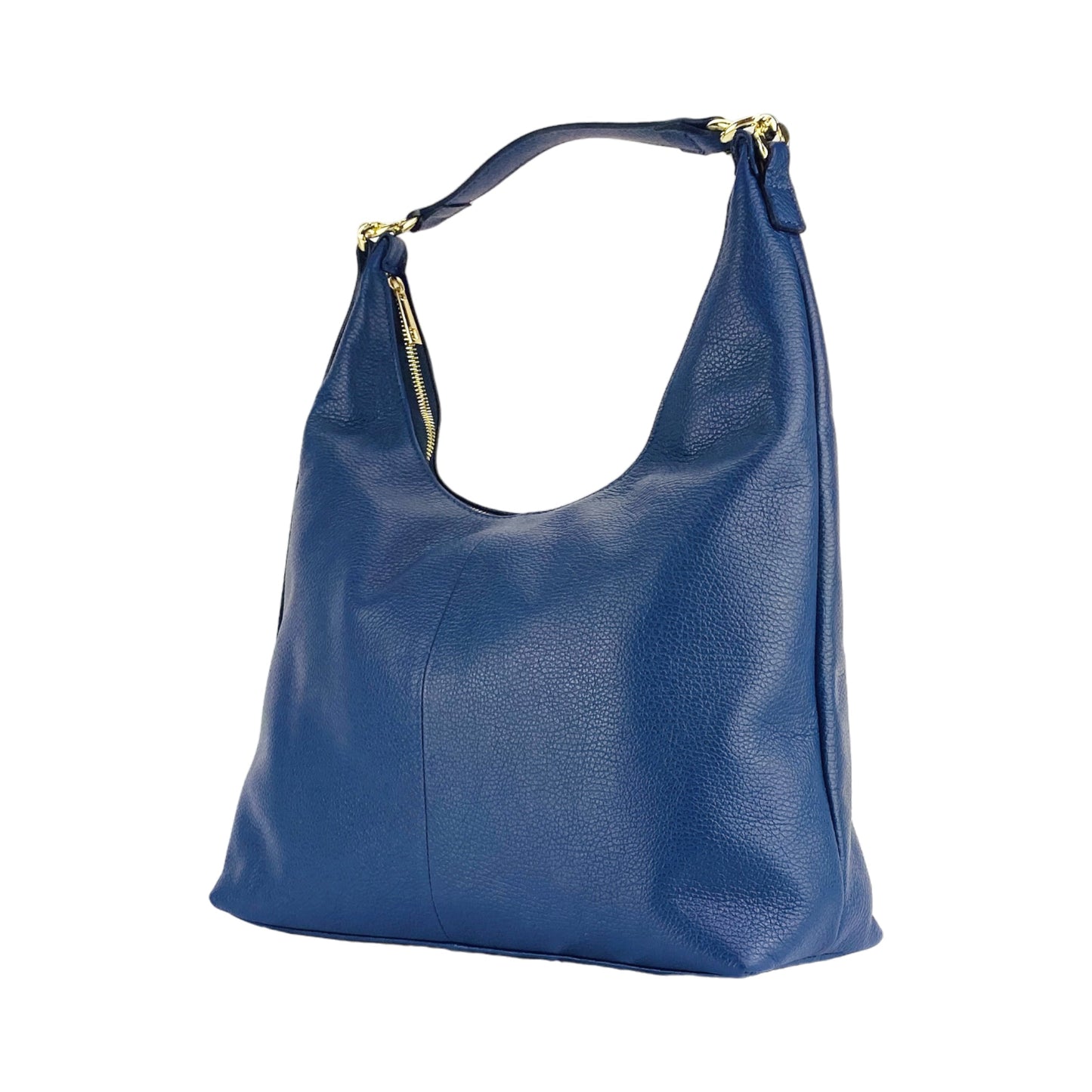 RB1017D | Borsa Donna a spalla Morbida in Vera Pelle Made in Italy con manico singolo e tracolla removibile. Attacchi con moschettoni in metallo Oro Lucido - Colore Blu - Dimensioni: cm 36 x 40 x 13-4