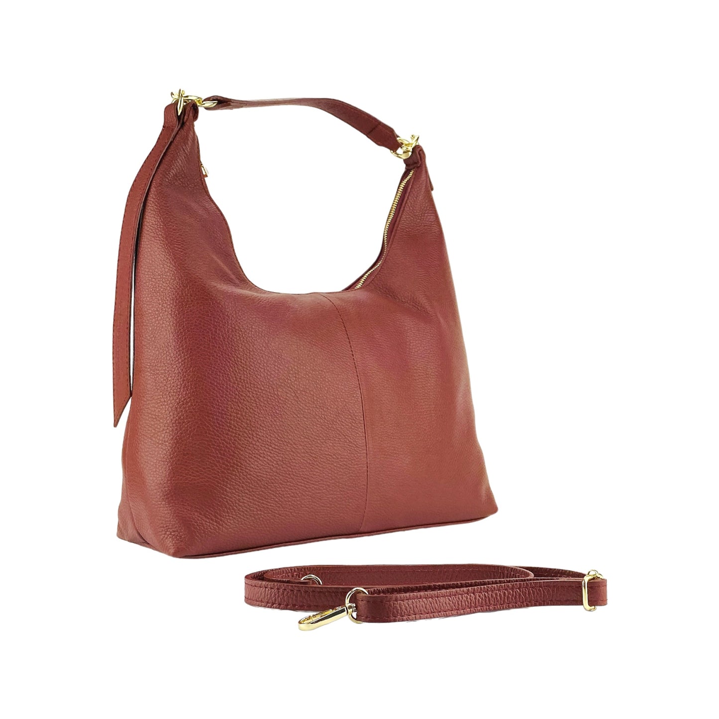 RB1017Q | Soft women's shoulder bag in genuine leather Made in Italy with removable shoulder strap. Attachments with shiny gold metal snap hooks - Ruby color - Dimensions: 36 x 40 x 13 cm-0