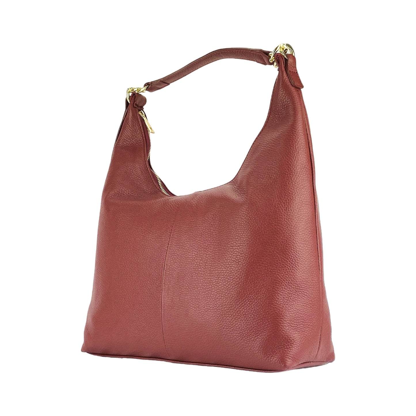 RB1017Q | Borsa Donna a spalla Morbida in Vera Pelle Made in Italy con tracolla removibile. Attacchi con moschettoni in metallo Oro Lucido - Colore Rubino - Dimensioni: cm 36 x 40 x 13-4