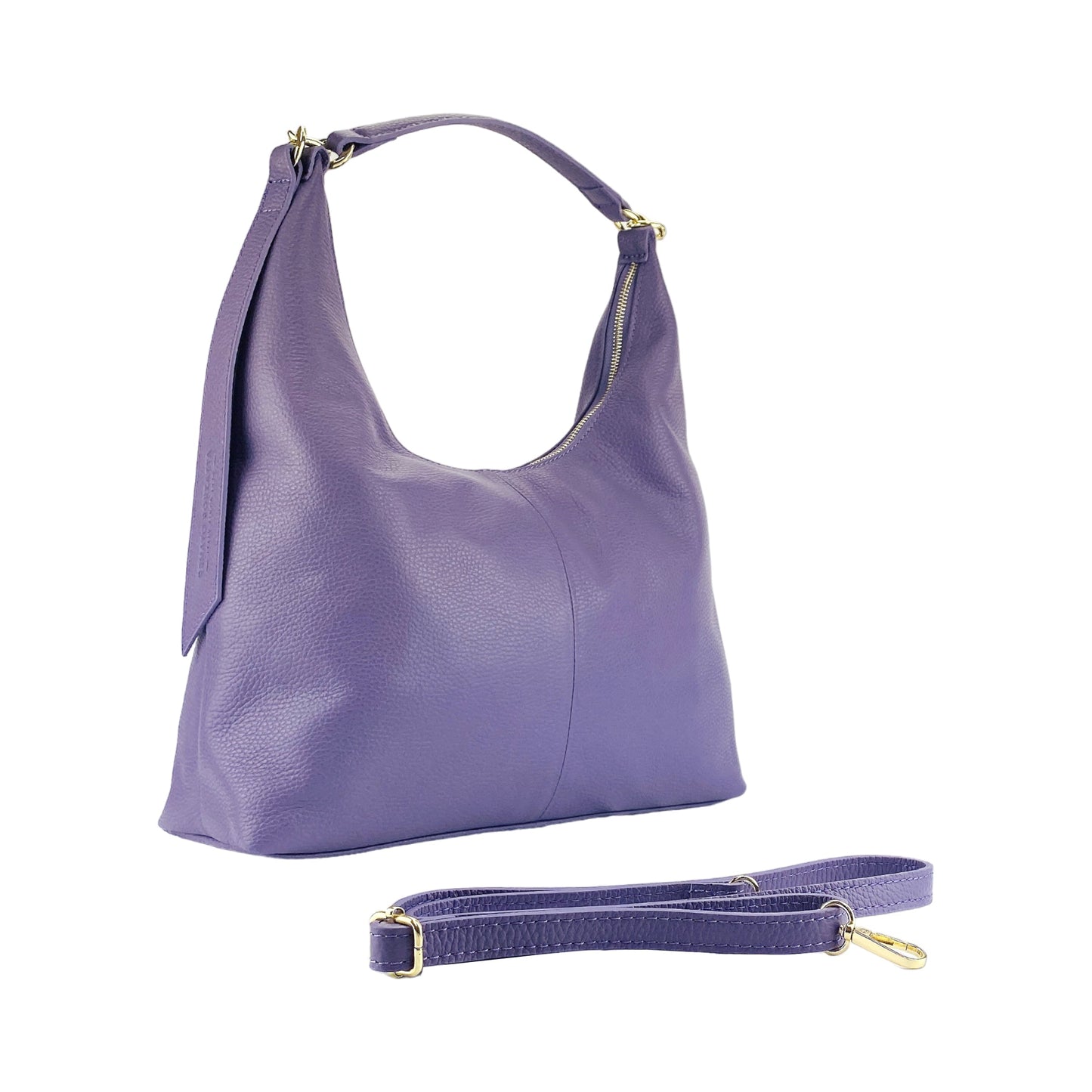 RB1017Y | Borsa Donna a spalla Morbida in Vera Pelle Made in Italy con tracolla removibile. Attacchi con moschettoni in metallo Oro Lucido - Colore Viola - Dimensioni: cm 36 x 40 x 13-0