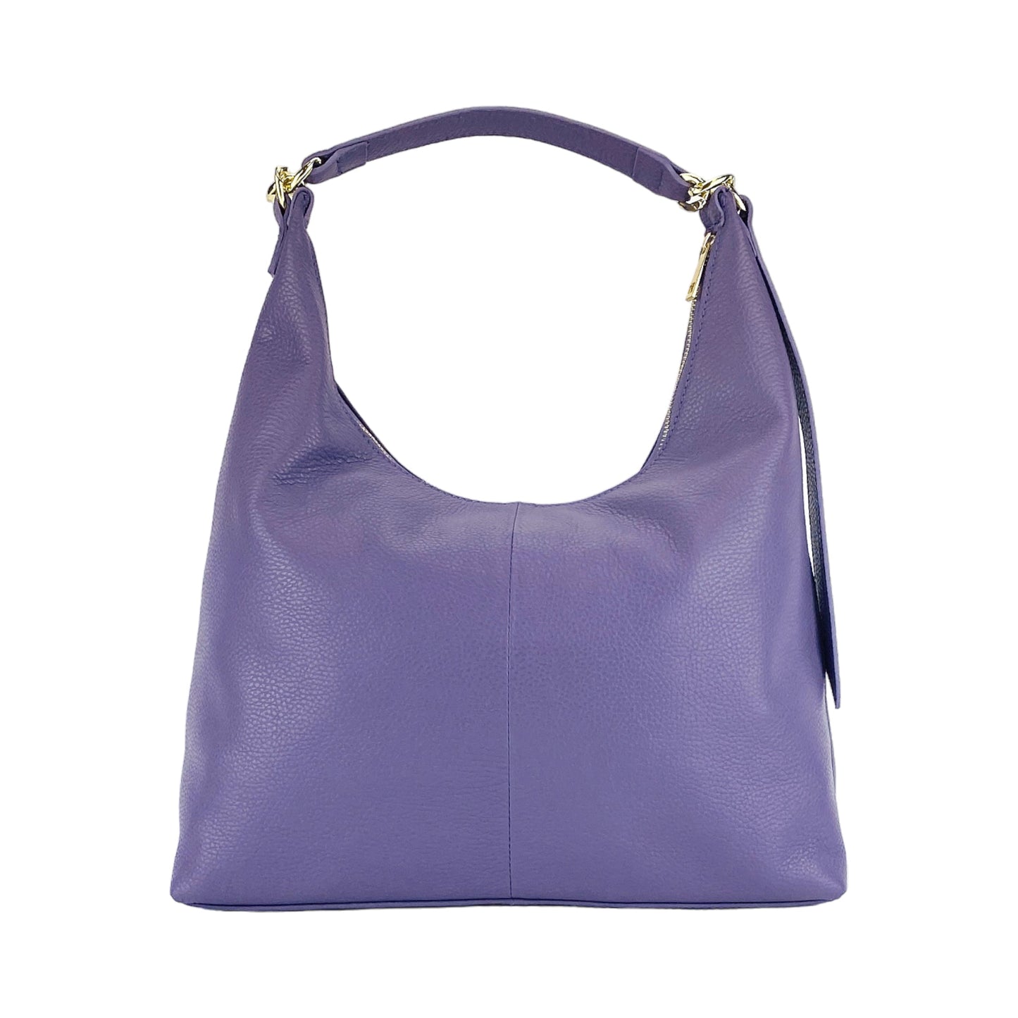 RB1017Y | Borsa Donna a spalla Morbida in Vera Pelle Made in Italy con tracolla removibile. Attacchi con moschettoni in metallo Oro Lucido - Colore Viola - Dimensioni: cm 36 x 40 x 13-2