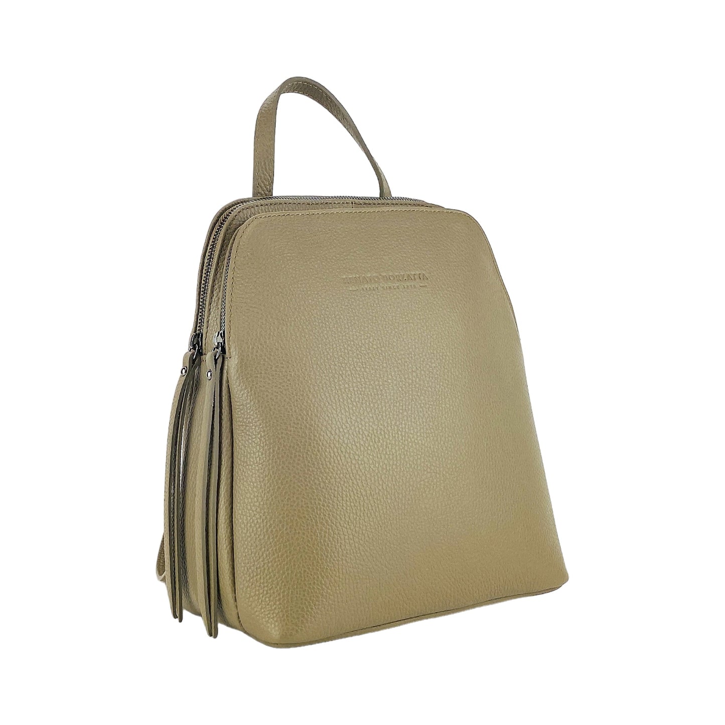 RB1018AQ | Zaino Donna Doppio scomparto in Vera Pelle Made in Italy con spallacci regolabili. Accessori in metallo Canna di Fucile - Colore Taupe - Dimensioni: cm 26 x 30 x 14,5-0