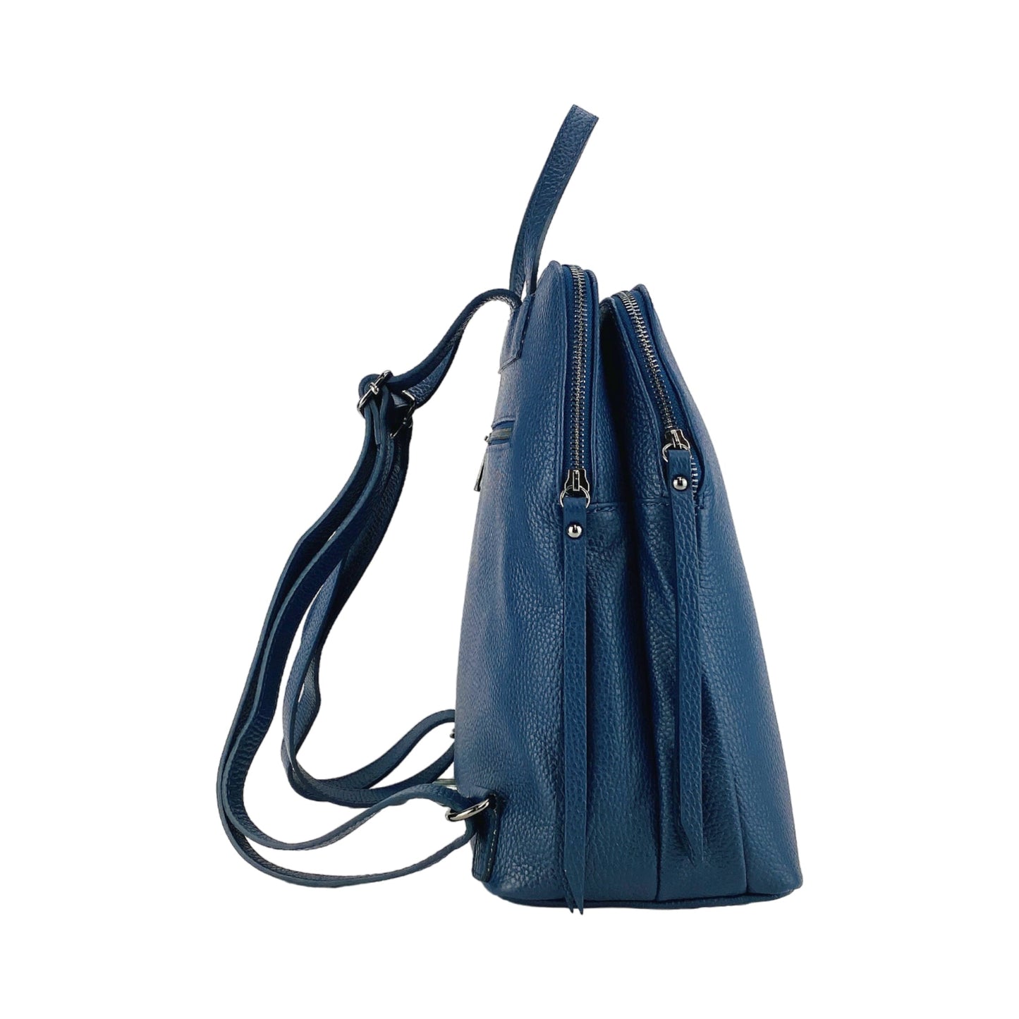 RB1018D | Zaino Donna Doppio scomparto in Vera Pelle Made in Italy con spallacci regolabili. Accessori in metallo Canna di Fucile - Colore Blu - Dimensioni: cm 26 x 30 x 14,5-3