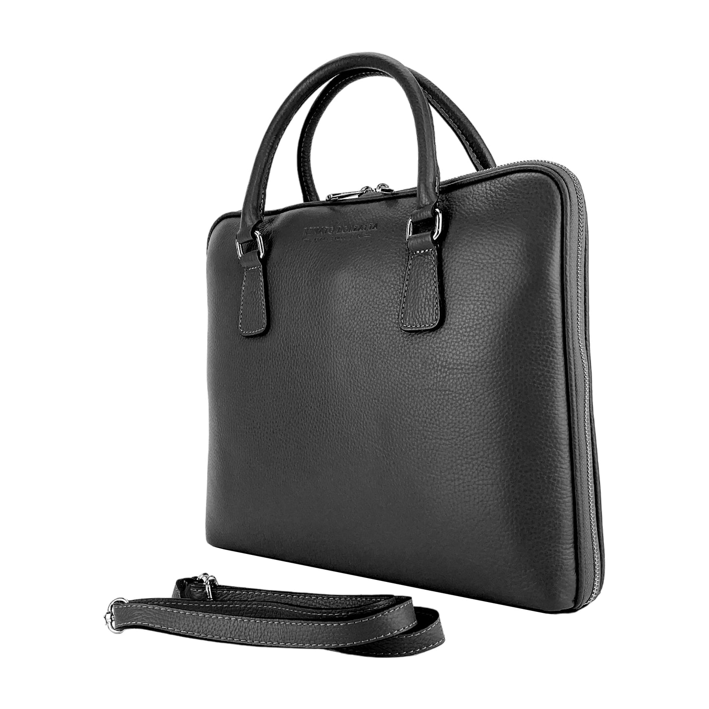 RB1019A | Cartella Business Unisex in Vera Pelle Made in Italy con tracolla removibile. Attacchi con moschettoni in metallo Nickel Lucido - Colore Nero - Dimensioni: cm 37 x 29 x 6,5-4