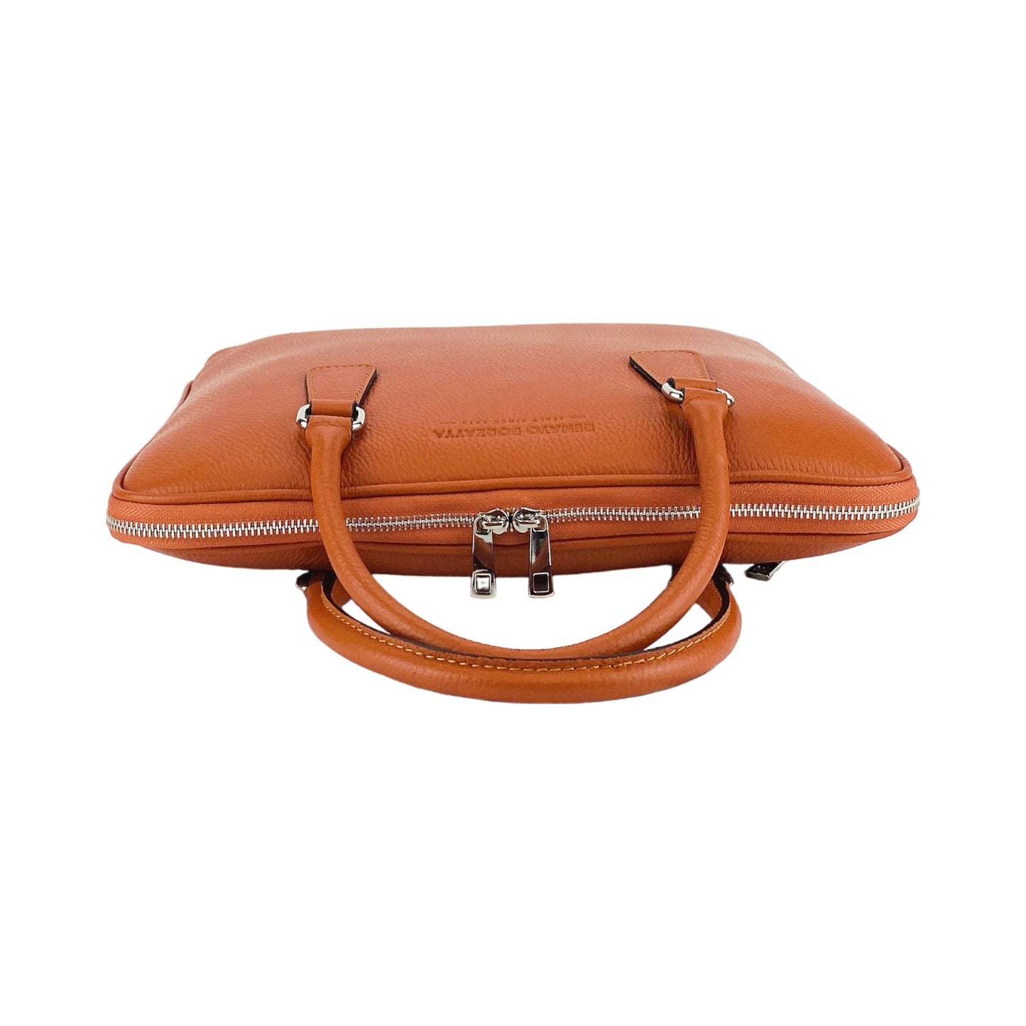 RB1019L | Unisex Business Briefcase in Genuine Leather Made in Italy with removable shoulder strap. Attachments with shiny nickel metal snap hooks - Orange color - Dimensions: 37 x 29 x 6.5 cm-3