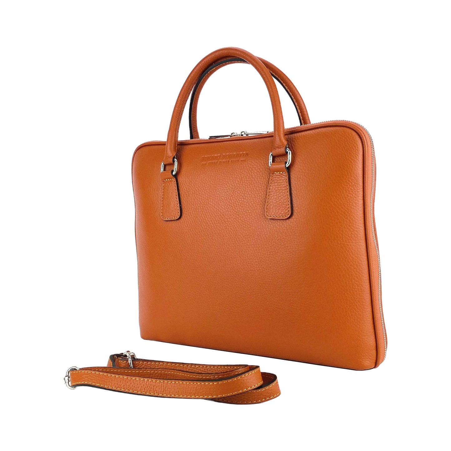 RB1019L | Unisex Business Briefcase in Genuine Leather Made in Italy with removable shoulder strap. Attachments with shiny nickel metal snap hooks - Orange color - Dimensions: 37 x 29 x 6.5 cm-4