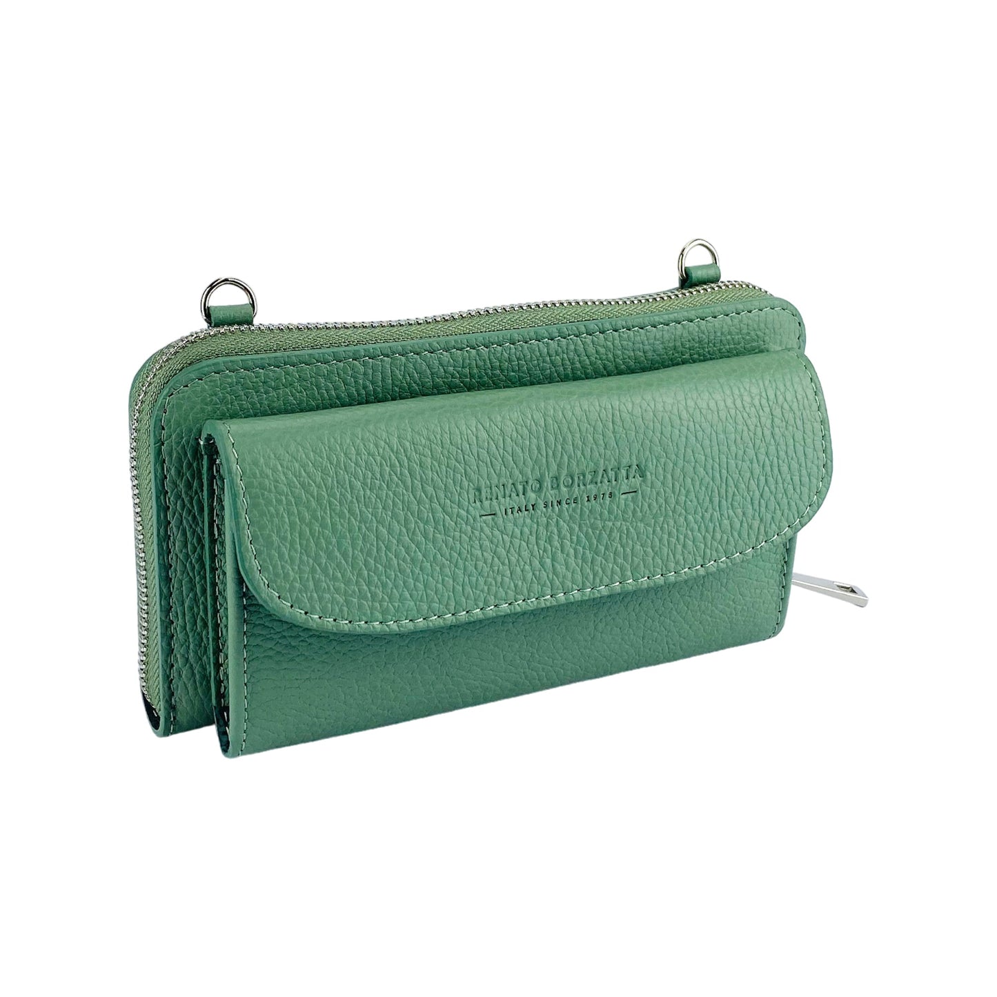 RB1020BF | P/Fogli Donna con portacellulare in Vera Pelle Made in Italy con tracolla removibile. Attacchi con moschettoni in metallo Nickel Lucido. Colore Menta. Dimensioni: cm 19,5 x 11 x 5-1