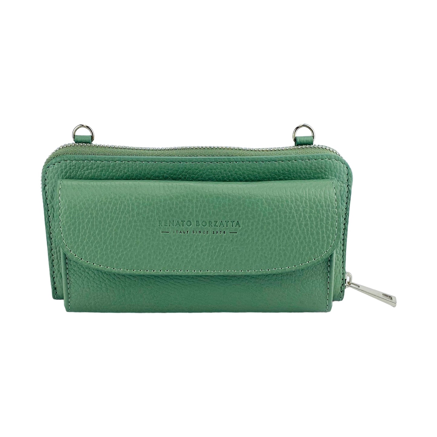 RB1020BF | P/Fogli Donna con portacellulare in Vera Pelle Made in Italy con tracolla removibile. Attacchi con moschettoni in metallo Nickel Lucido. Colore Menta. Dimensioni: cm 19,5 x 11 x 5-2