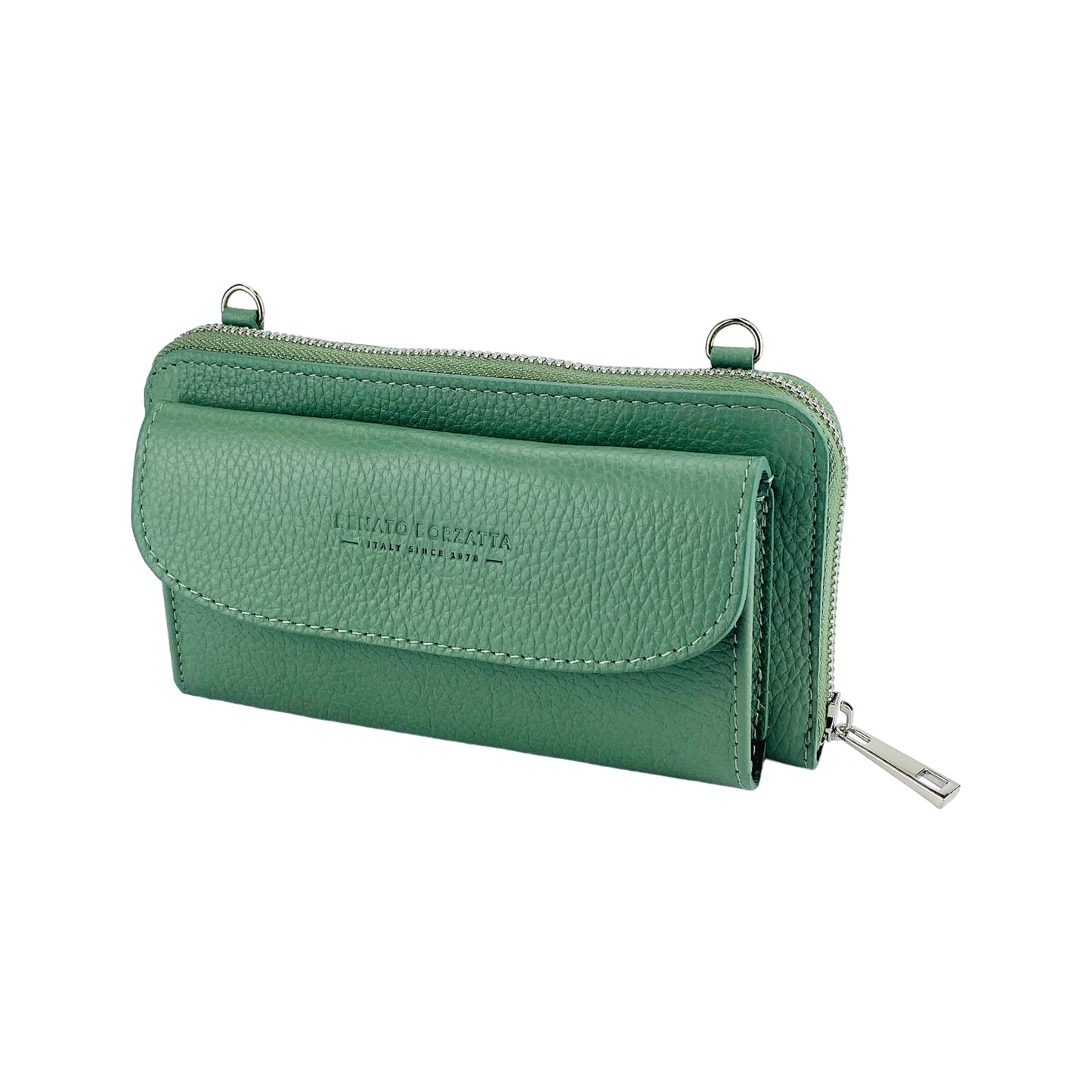 RB1020BF | P/Fogli Donna con portacellulare in Vera Pelle Made in Italy con tracolla removibile. Attacchi con moschettoni in metallo Nickel Lucido. Colore Menta. Dimensioni: cm 19,5 x 11 x 5-3