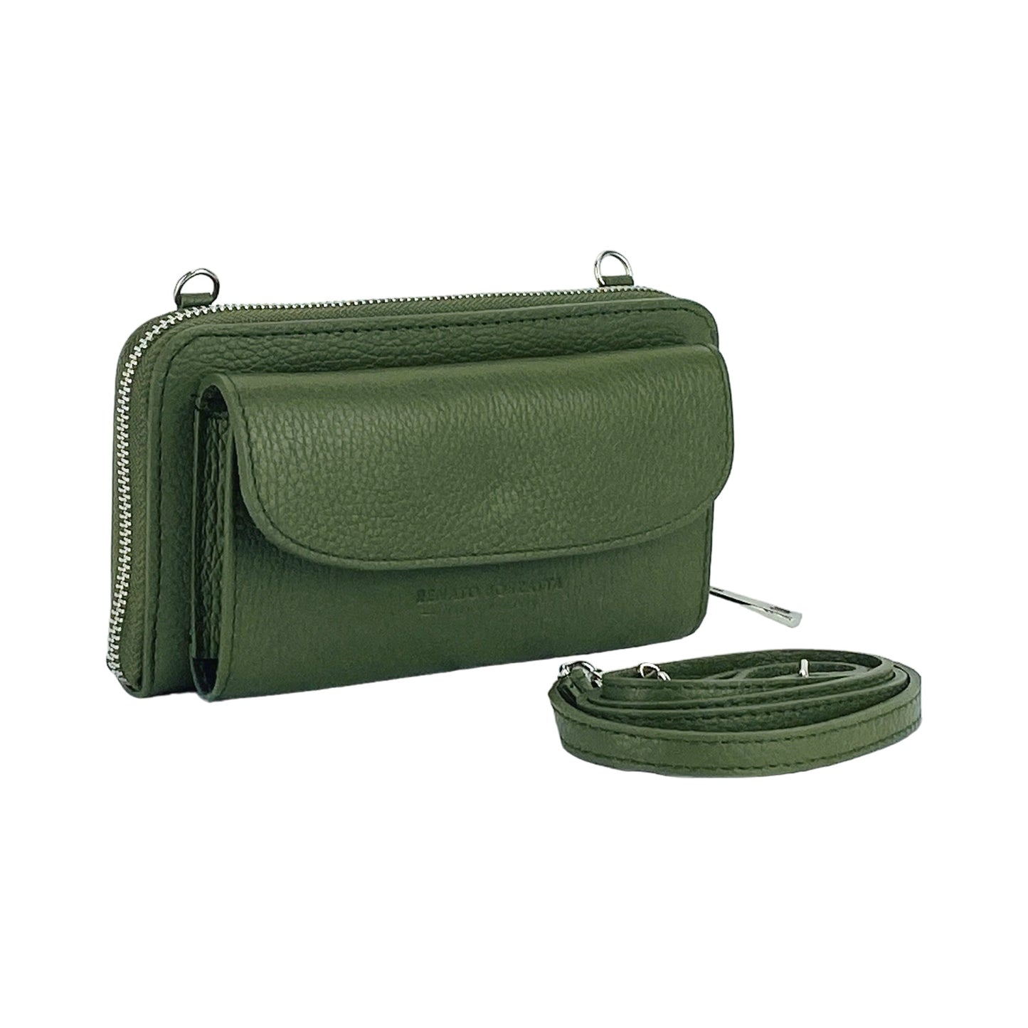 RB1020E | P/Fogli Donna con portacellulare in Vera Pelle Made in Italy con tracolla removibile. Attacchi con moschettoni in metallo Nickel Lucido. Colore Verde. Dimensioni: cm 19,5 x 11 x 5-1