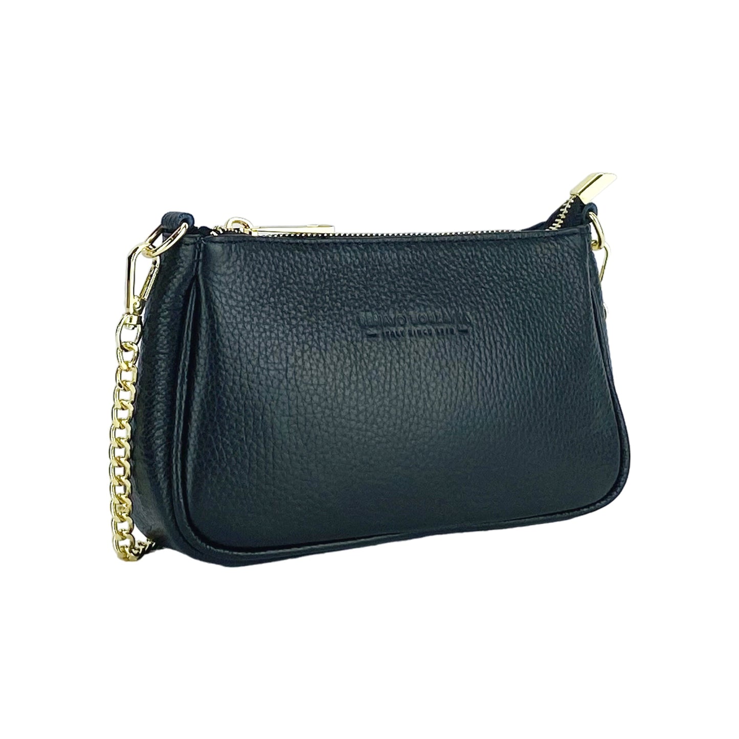 RB1022A | Borsa Piccola in Vera Pelle Made in Italy con Tracolla a catena removibile. Chiusura con lampo e Accessori in metallo Oro Lucido - Colore Nero - Dimensioni: cm 20 x 12 x 6-2