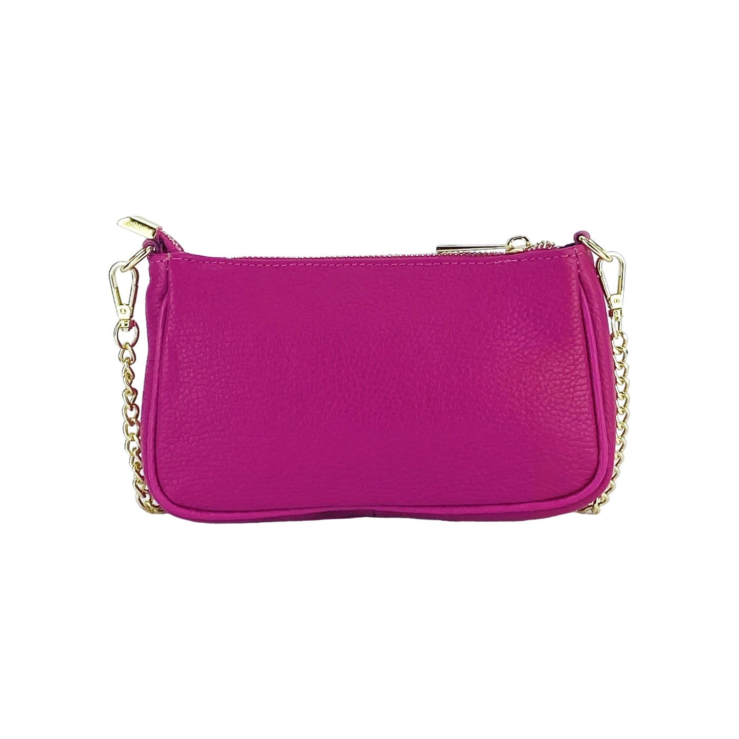 RB1022BE | Borsa Piccola in Vera Pelle Made in Italy con Tracolla a catena removibile. Chiusura con lampo e Accessori in metallo Oro Lucido - Colore Fuxia - Dimensioni: cm 20 x 12 x 6-4