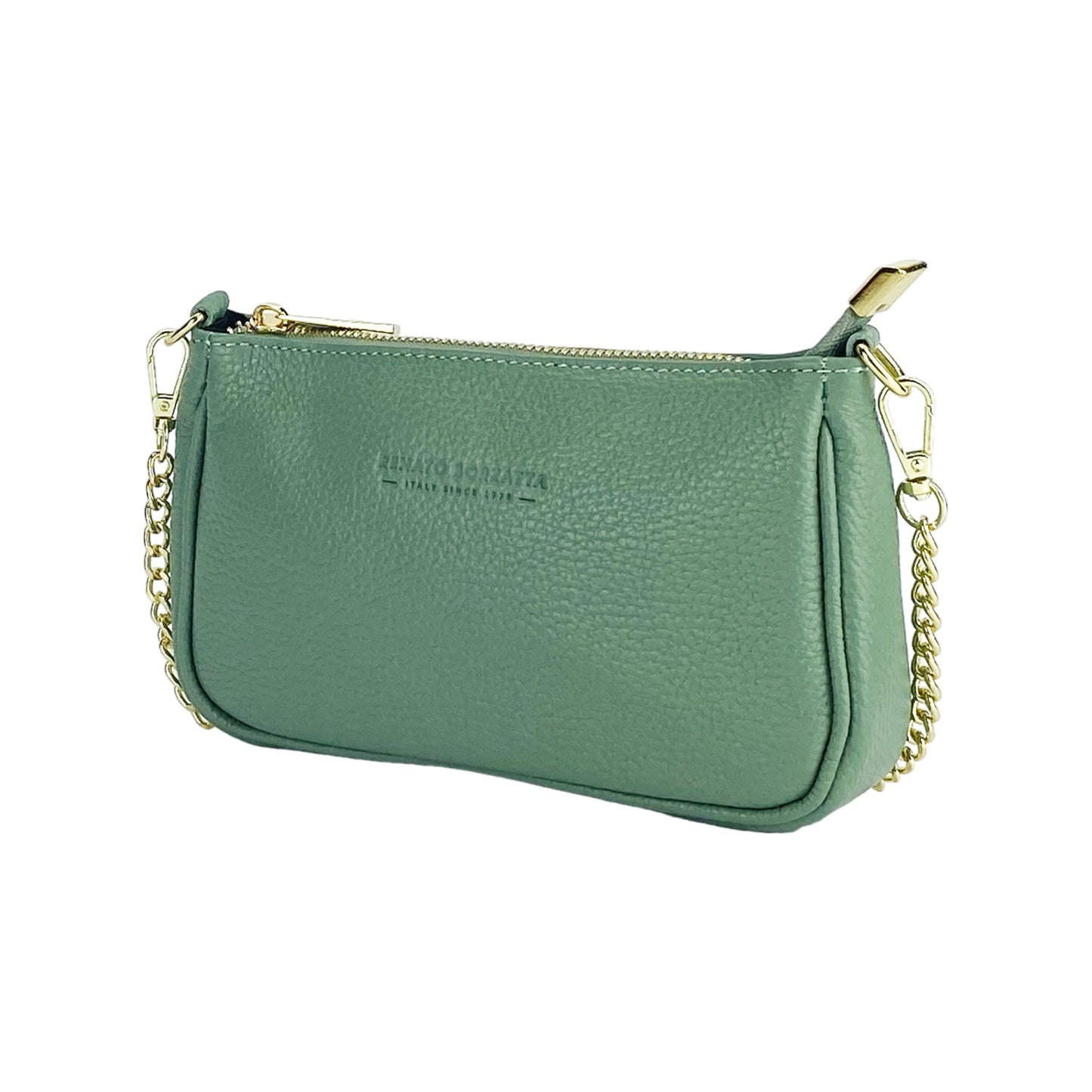 RB1022BF | Borsa Piccola in Vera Pelle Made in Italy con Tracolla a catena removibile. Chiusura con lampo e Accessori in metallo Oro Lucido - Colore Menta - Dimensioni: cm 20 x 12 x 6-0