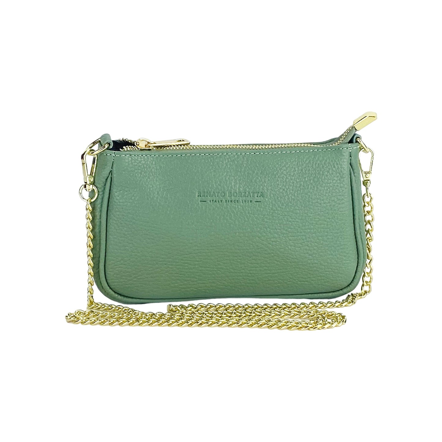 RB1022BF | Borsa Piccola in Vera Pelle Made in Italy con Tracolla a catena removibile. Chiusura con lampo e Accessori in metallo Oro Lucido - Colore Menta - Dimensioni: cm 20 x 12 x 6-1