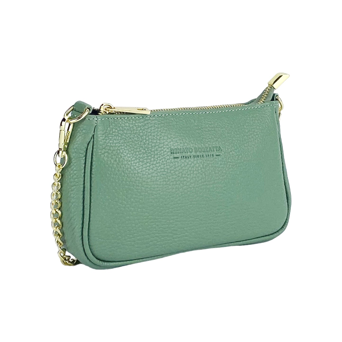 RB1022BF | Borsa Piccola in Vera Pelle Made in Italy con Tracolla a catena removibile. Chiusura con lampo e Accessori in metallo Oro Lucido - Colore Menta - Dimensioni: cm 20 x 12 x 6-2