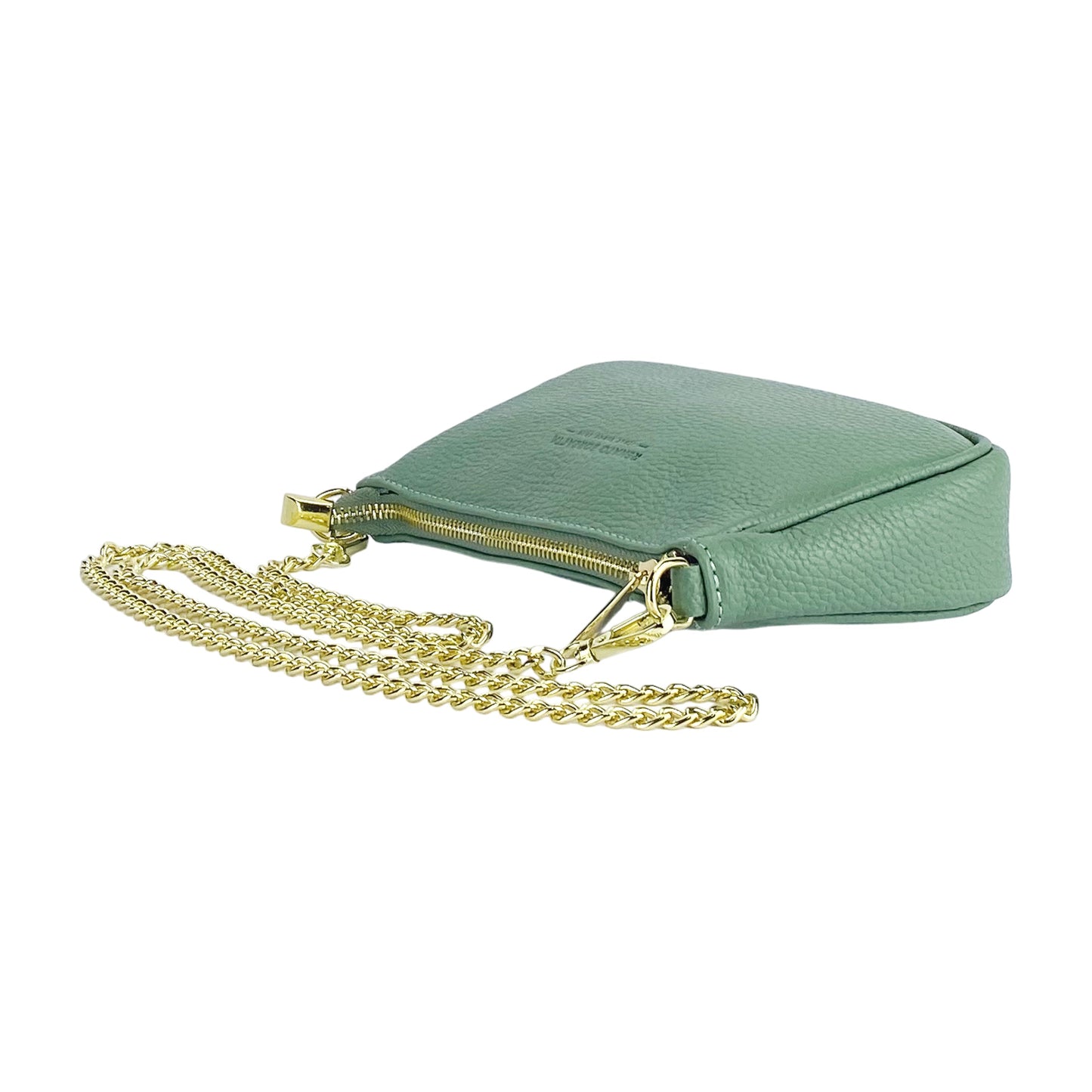 RB1022BF | Borsa Piccola in Vera Pelle Made in Italy con Tracolla a catena removibile. Chiusura con lampo e Accessori in metallo Oro Lucido - Colore Menta - Dimensioni: cm 20 x 12 x 6-3