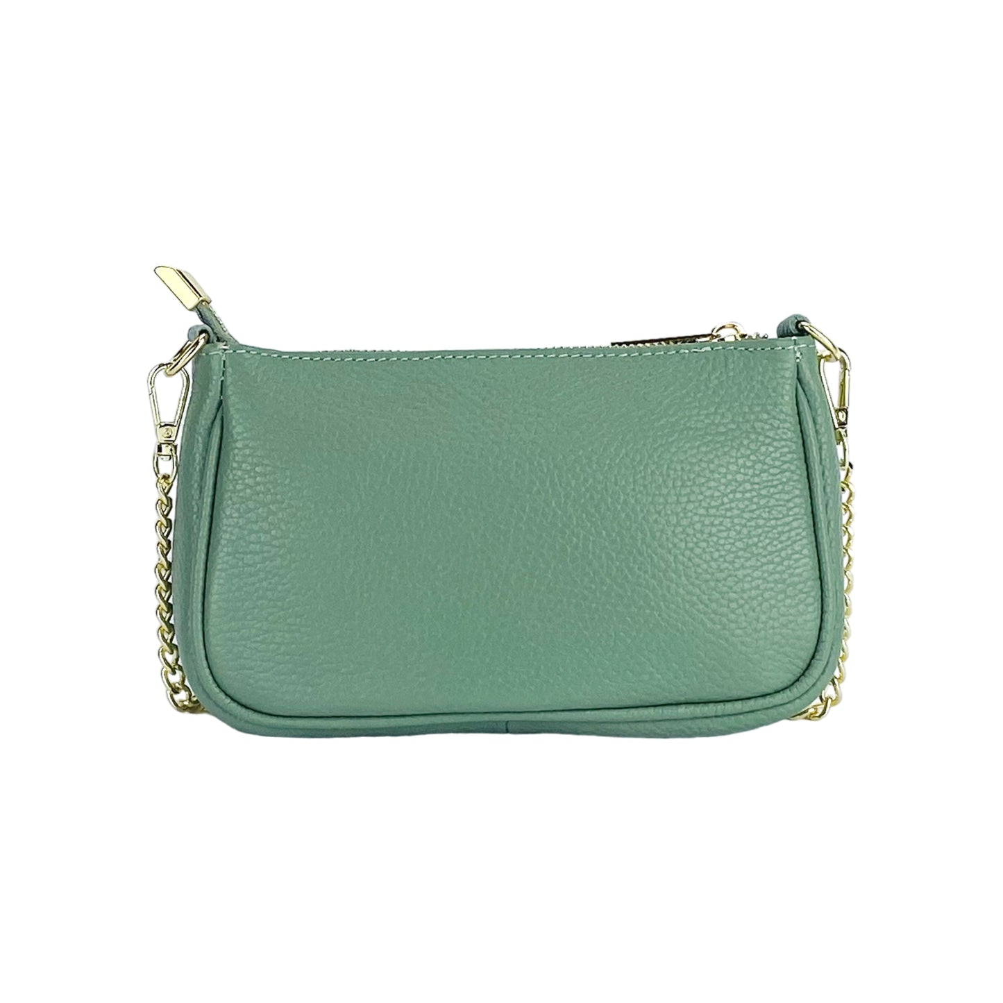 RB1022BF | Borsa Piccola in Vera Pelle Made in Italy con Tracolla a catena removibile. Chiusura con lampo e Accessori in metallo Oro Lucido - Colore Menta - Dimensioni: cm 20 x 12 x 6-4