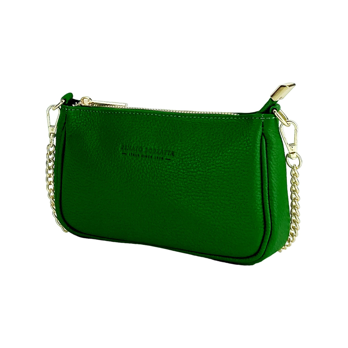 RB1022E | Borsa Piccola in Vera Pelle Made in Italy con Tracolla a catena removibile. Chiusura con lampo e Accessori in metallo Oro Lucido - Colore Verde - Dimensioni: cm 20 x 12 x 6-0