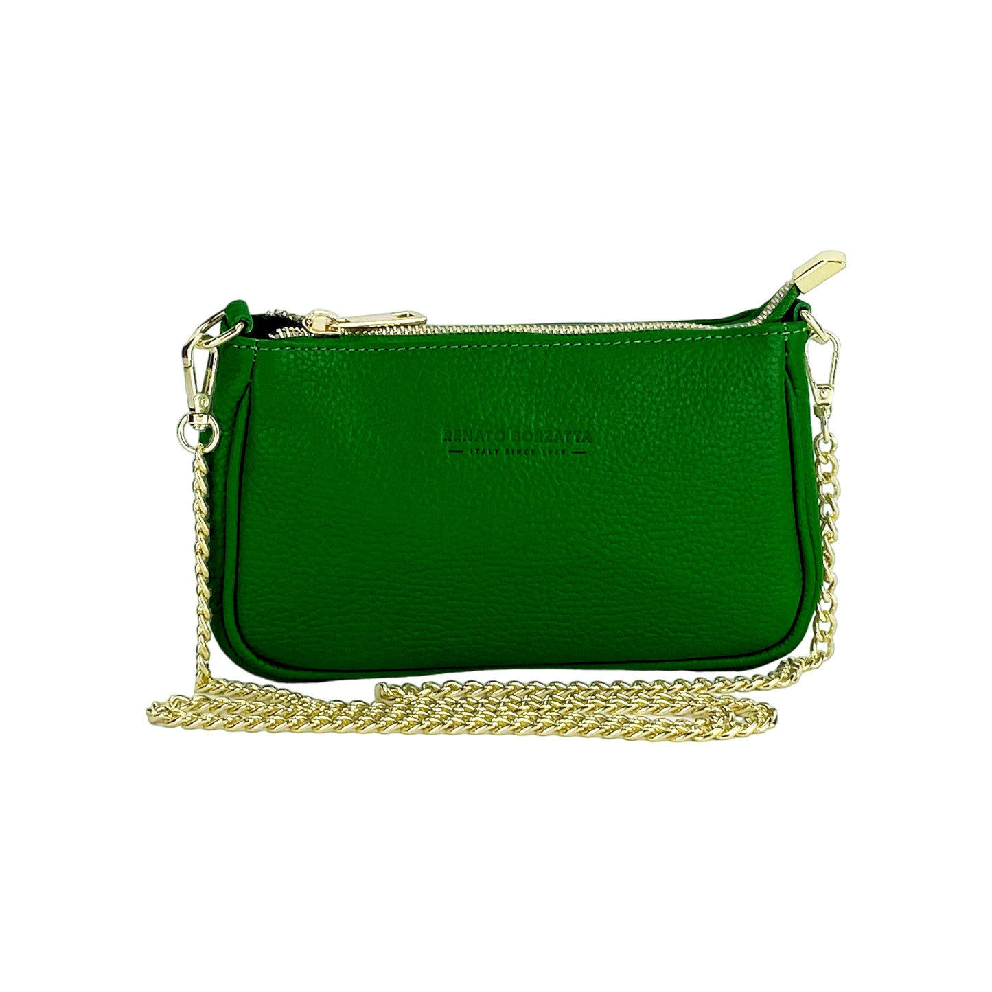 RB1022E | Borsa Piccola in Vera Pelle Made in Italy con Tracolla a catena removibile. Chiusura con lampo e Accessori in metallo Oro Lucido - Colore Verde - Dimensioni: cm 20 x 12 x 6-1