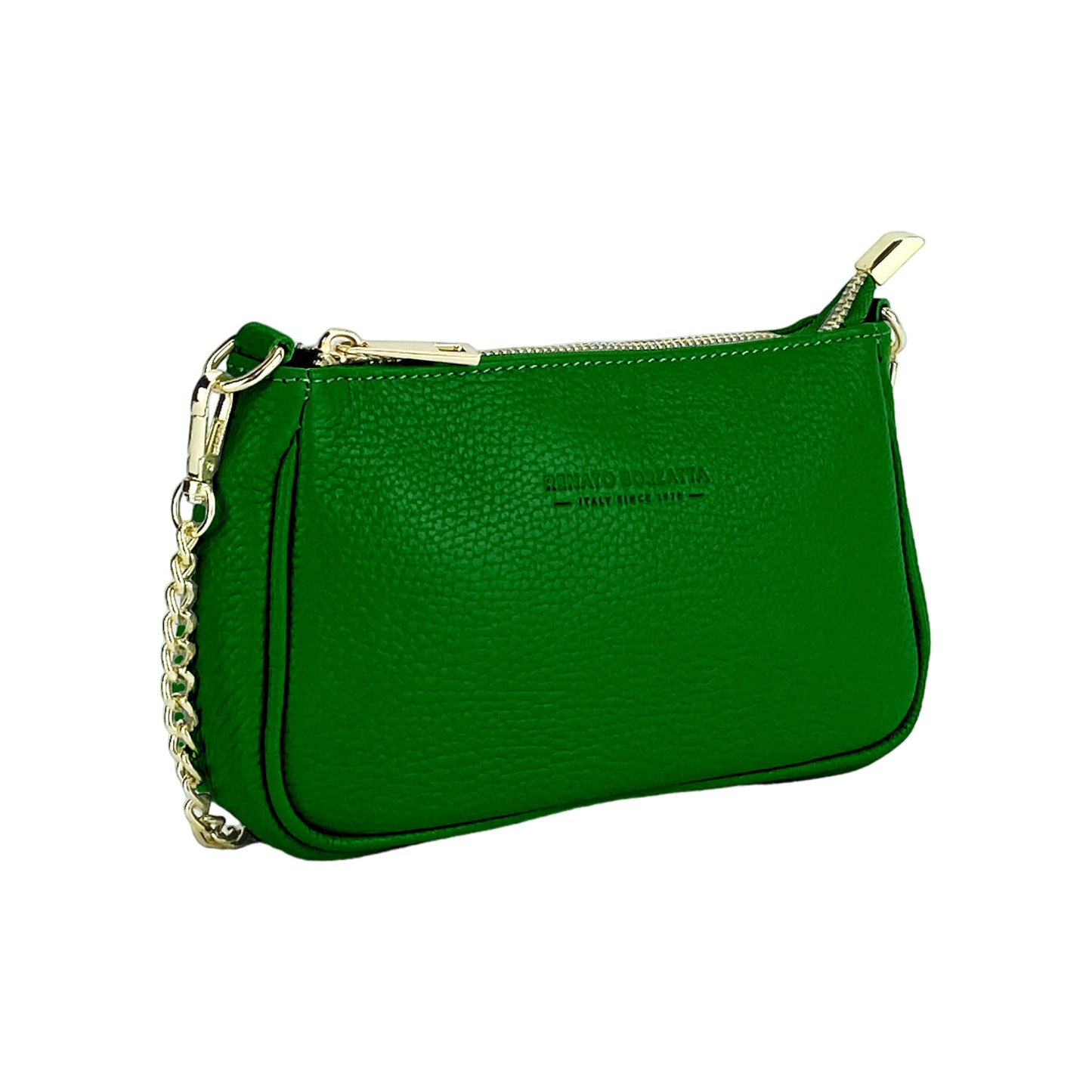 RB1022E | Borsa Piccola in Vera Pelle Made in Italy con Tracolla a catena removibile. Chiusura con lampo e Accessori in metallo Oro Lucido - Colore Verde - Dimensioni: cm 20 x 12 x 6-2