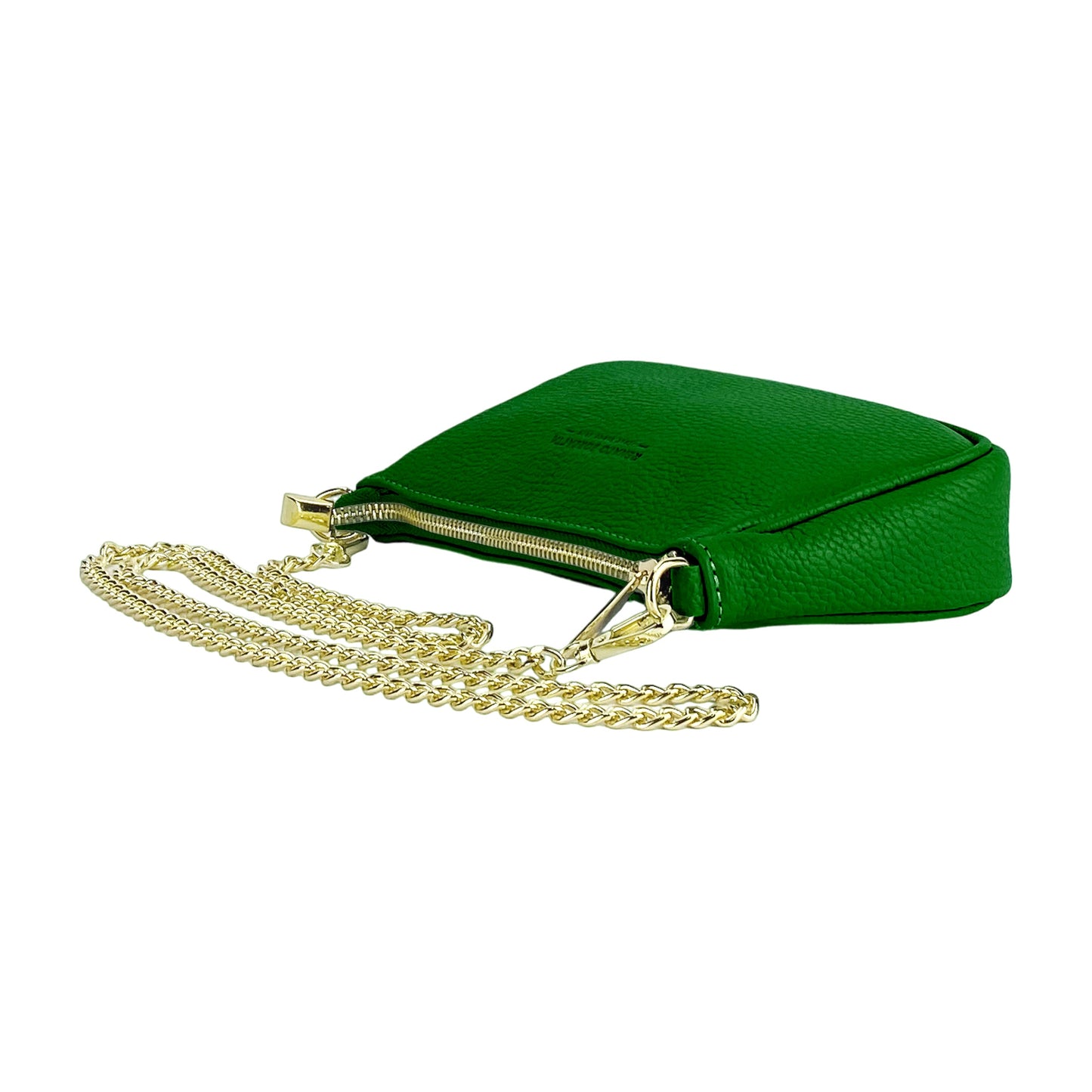 RB1022E | Borsa Piccola in Vera Pelle Made in Italy con Tracolla a catena removibile. Chiusura con lampo e Accessori in metallo Oro Lucido - Colore Verde - Dimensioni: cm 20 x 12 x 6-3