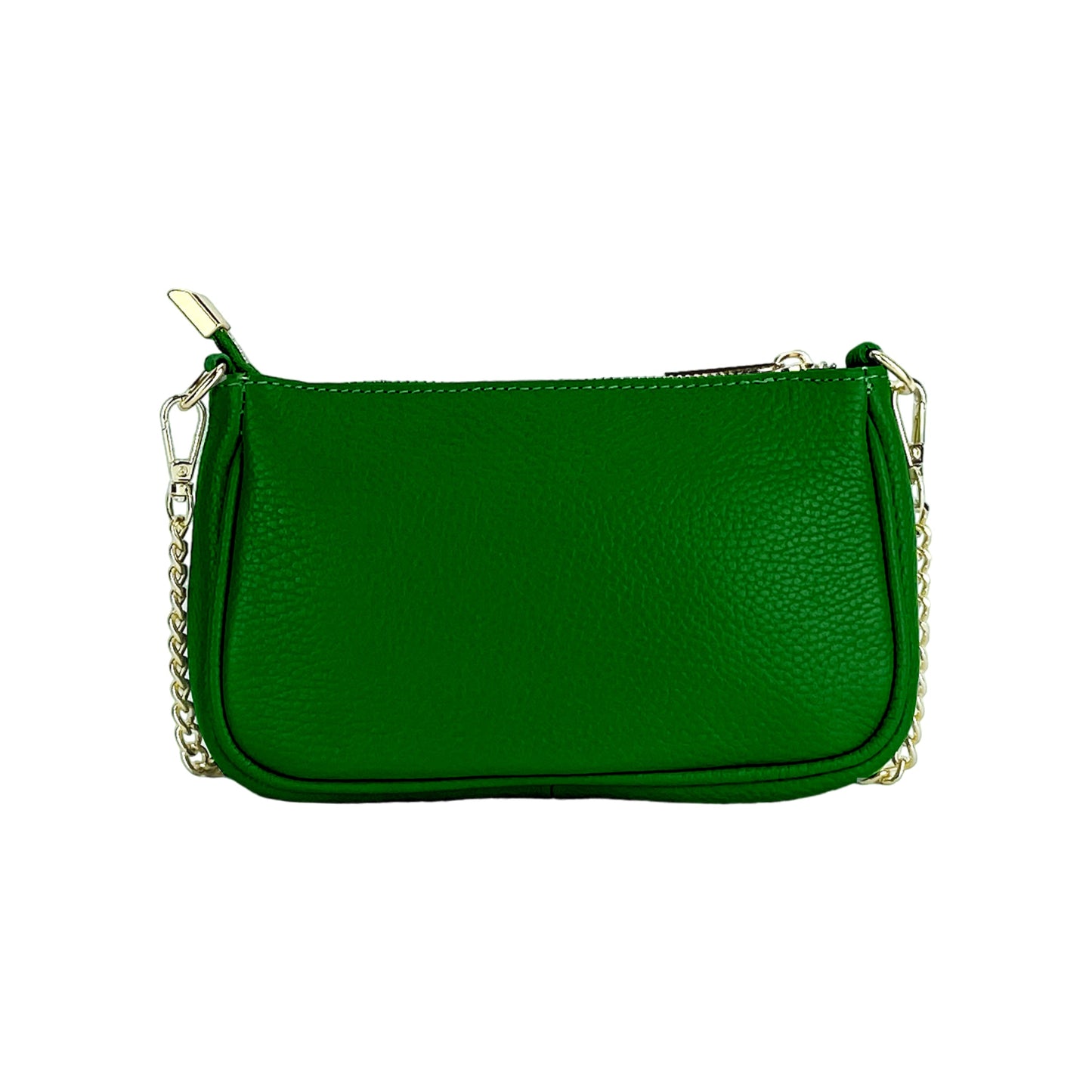 RB1022E | Borsa Piccola in Vera Pelle Made in Italy con Tracolla a catena removibile. Chiusura con lampo e Accessori in metallo Oro Lucido - Colore Verde - Dimensioni: cm 20 x 12 x 6-4