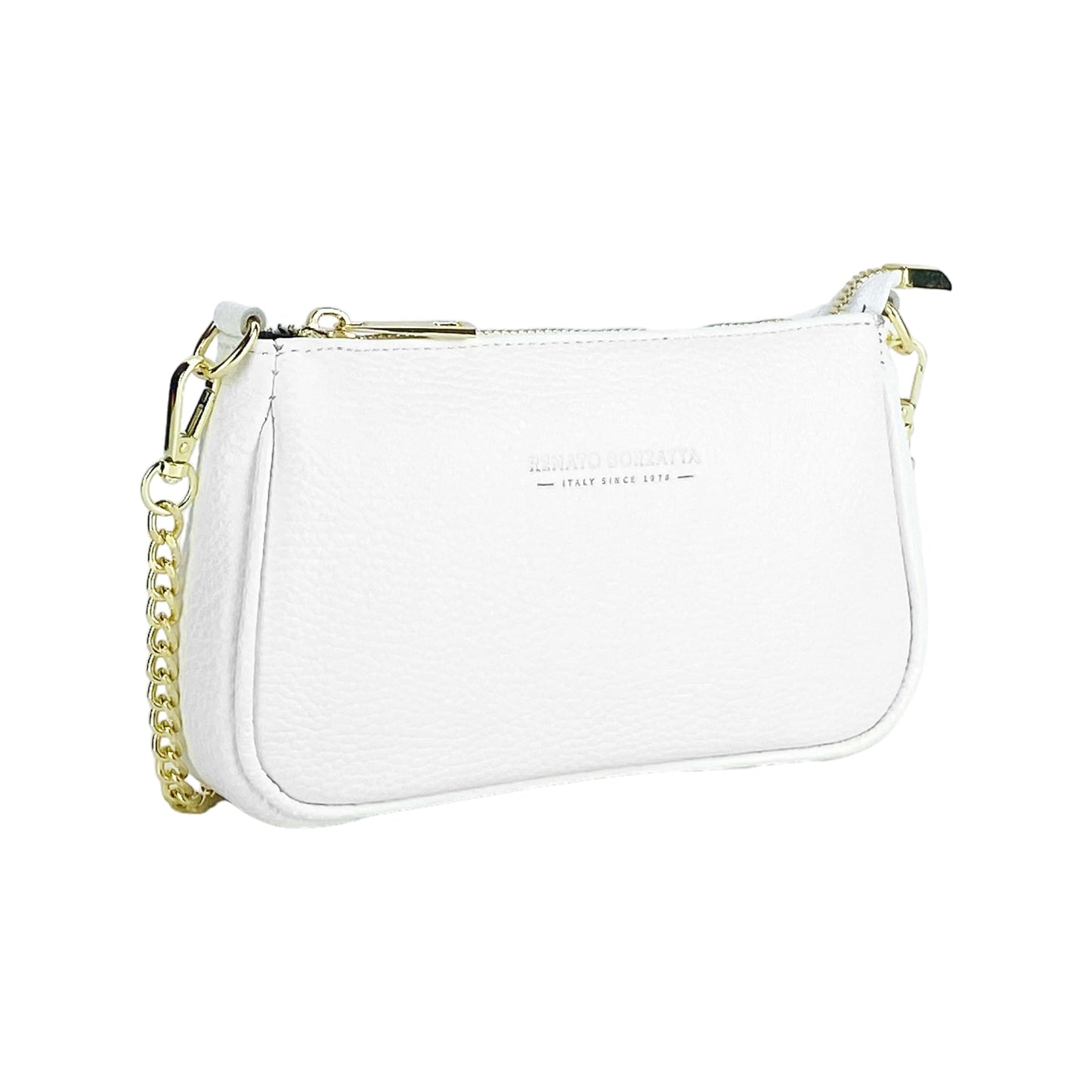 RB1022W | Borsa Piccola in Vera Pelle Made in Italy con Tracolla a catena removibile. Chiusura con lampo e Accessori in metallo Oro Lucido - Colore Bianco - Dimensioni: cm 20 x 12 x 6-2