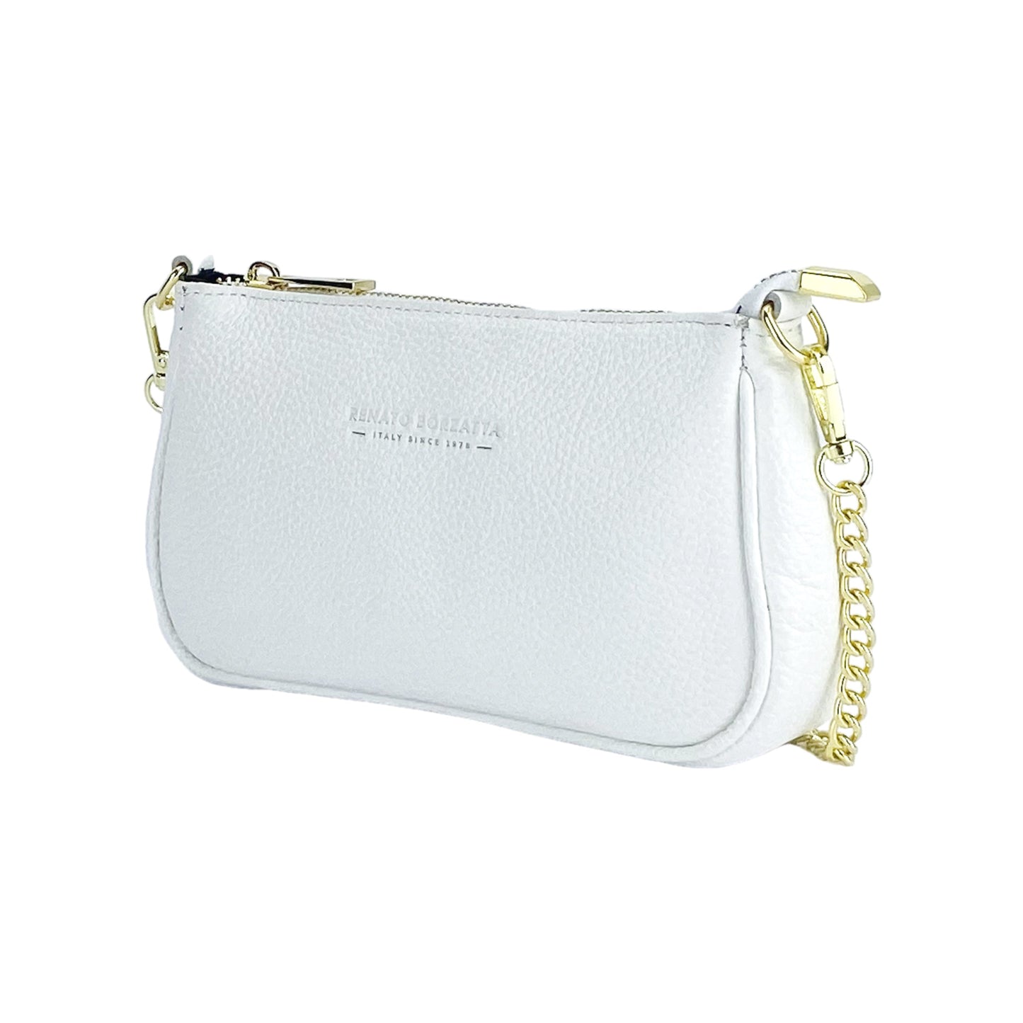 RB1022W | Borsa Piccola in Vera Pelle Made in Italy con Tracolla a catena removibile. Chiusura con lampo e Accessori in metallo Oro Lucido - Colore Bianco - Dimensioni: cm 20 x 12 x 6-0