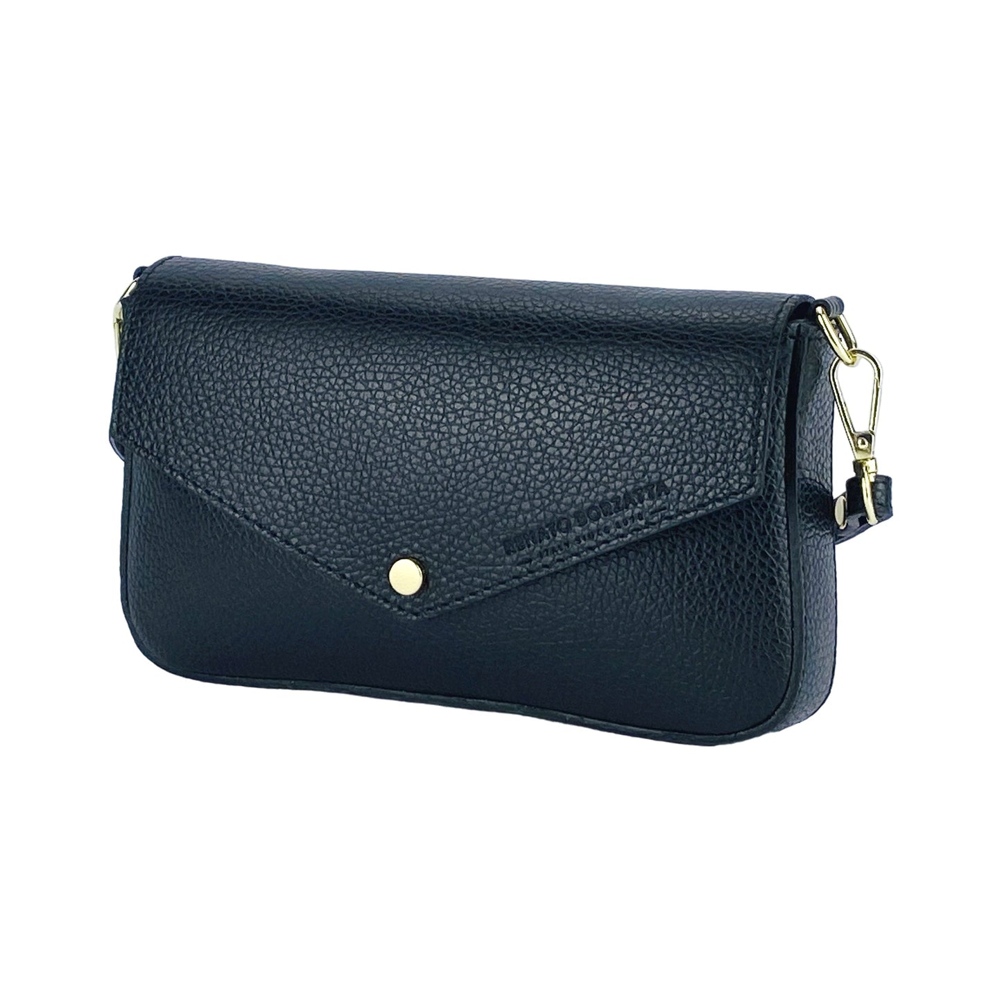 RB1023A | Borsa piccola a Spalla con Tracolla a catena removibile in Vera Pelle Made in Italy. Pattina di Chiusura. Accessori in metallo Oro Lucido - Colore Nero - Dimensioni: cm 22 x 12 x 3-0