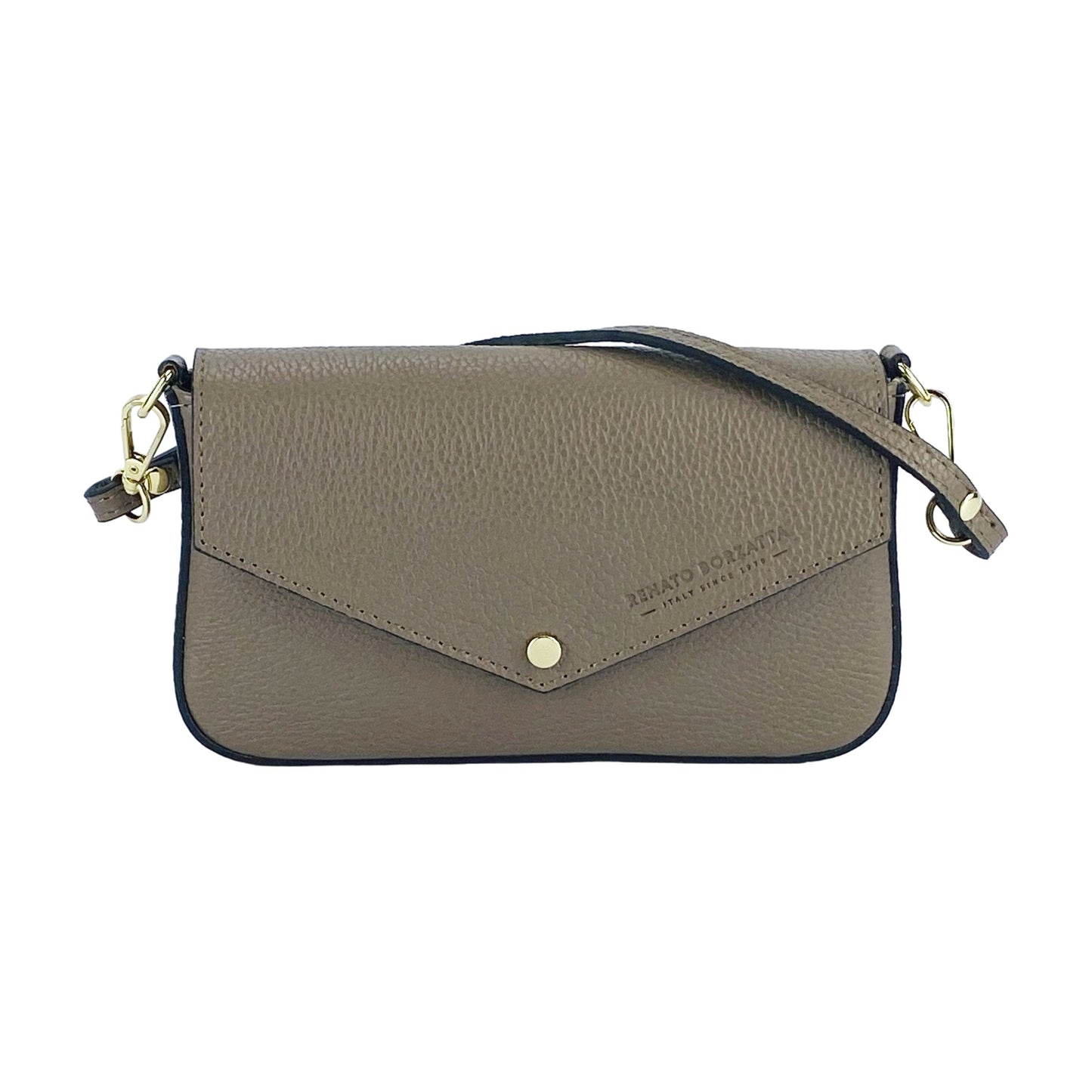 RB1023AQ | Borsa piccola a Spalla con Tracolla a catena removibile in Vera Pelle Made in Italy. Pattina di Chiusura. Accessori in metallo Oro Lucido - Colore Taupe - Dimensioni: cm 22 x 12 x 3-1